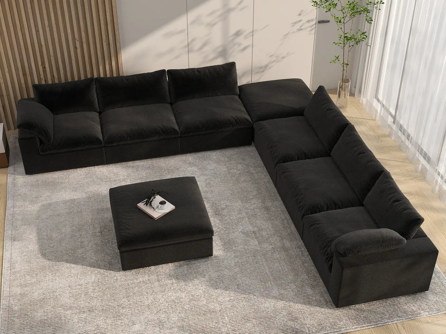 Deluxe Cloud 6-Seater Sofa Set in Black Cotton And Linen | 8-Piece (Includes 2 Ottomans), Living Room, Easy To Clean, Open Space