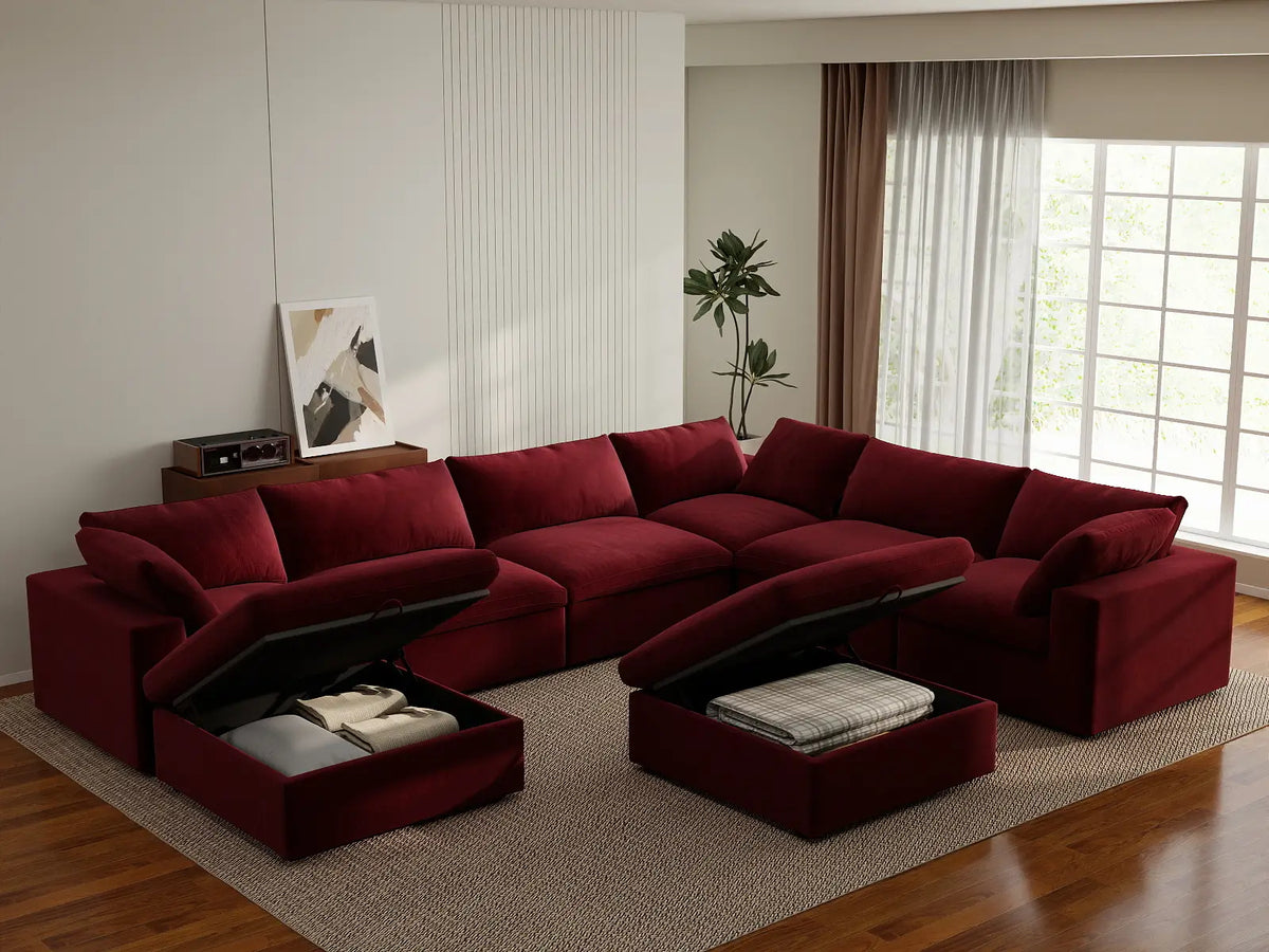 Deluxe Cloud 6-Seater Sofa Set in Claret Velvet | 8-Piece (Includes 2 Ottomans), Living Room, Easy To Clean, Modern Style