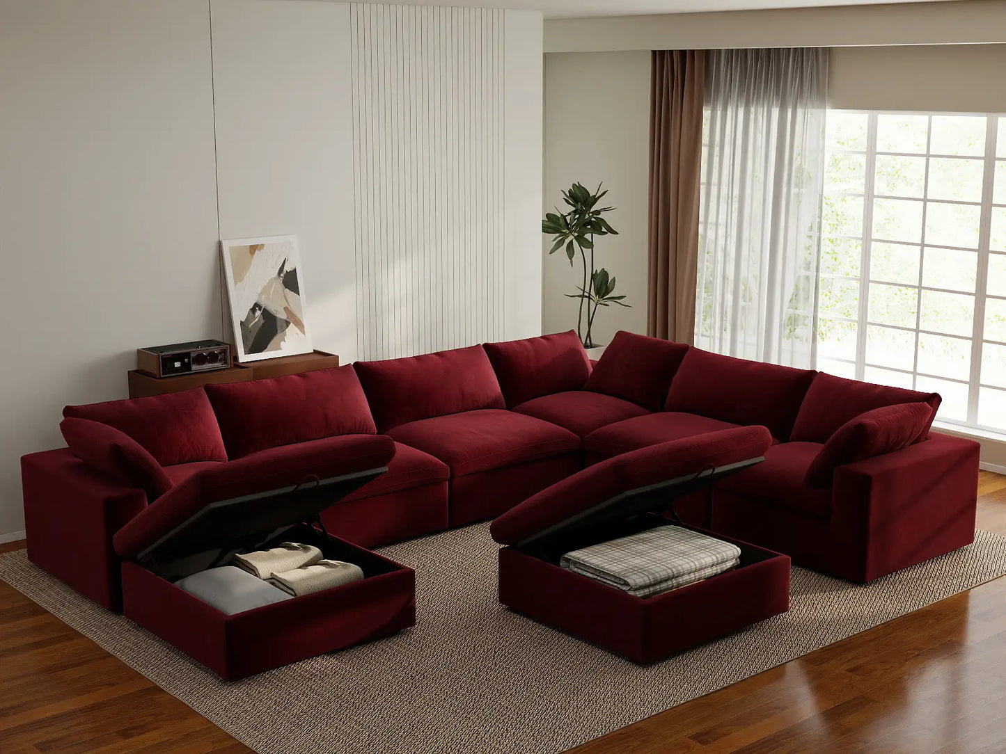 Deluxe Cloud 6-Seater Sofa Set in Claret Velvet | 8-Piece (Includes 2 Ottomans), Living Room, Easy To Clean, Modern Style