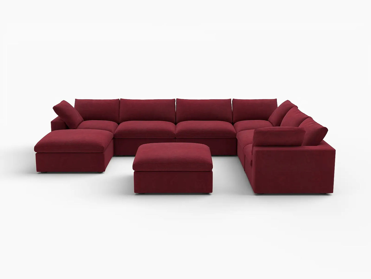 Deluxe Cloud 6-Seater Sofa Set in Claret Velvet | 8-Piece (Includes 2 Ottomans), Living Room, Easy To Clean, Modern Style