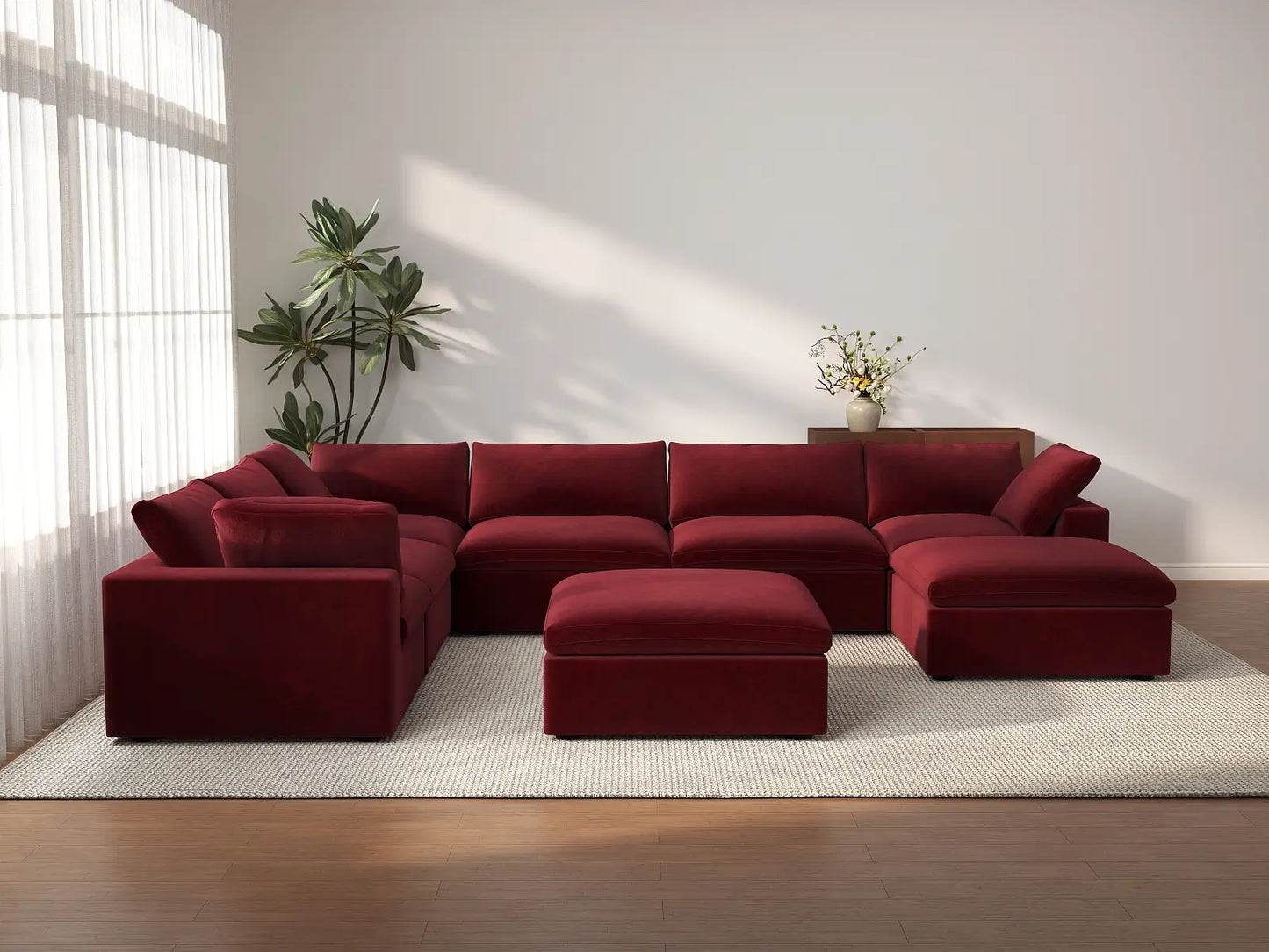 Deluxe Cloud 6-Seater Sofa Set in Claret Velvet | 8-Piece (Includes 2 Ottomans), Living Room, Easy To Clean, Modern Style
