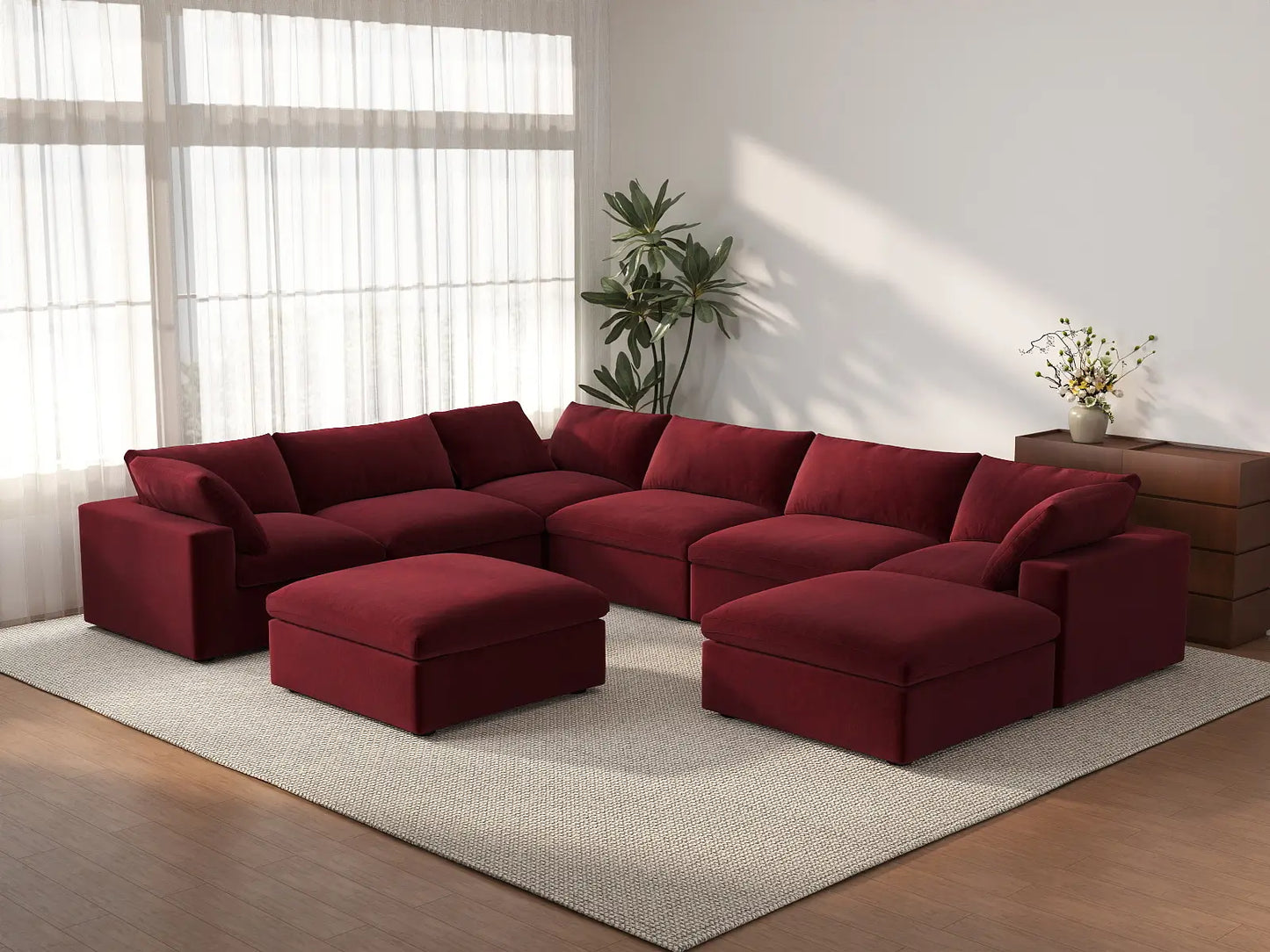 Deluxe Cloud 6-Seater Sofa Set in Claret Velvet | 8-Piece (Includes 2 Ottomans), Living Room, Easy To Clean, Modern Style