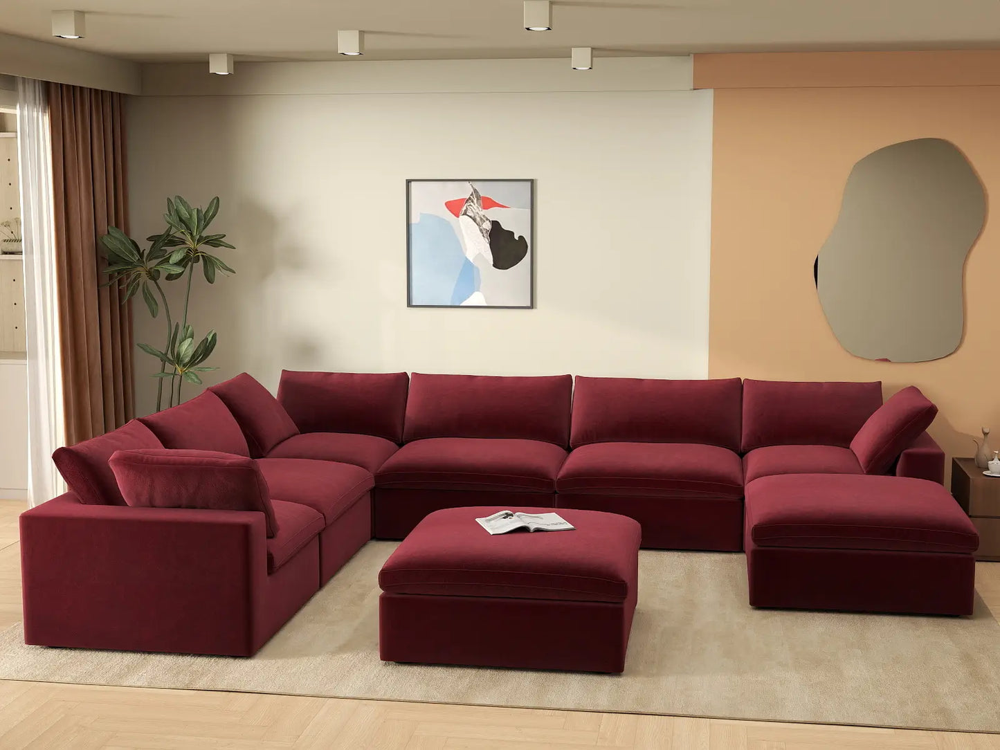 Deluxe Cloud 6-Seater Sofa Set in Claret Velvet | 8-Piece (Includes 2 Ottomans), Living Room, Easy To Clean, Modern Style