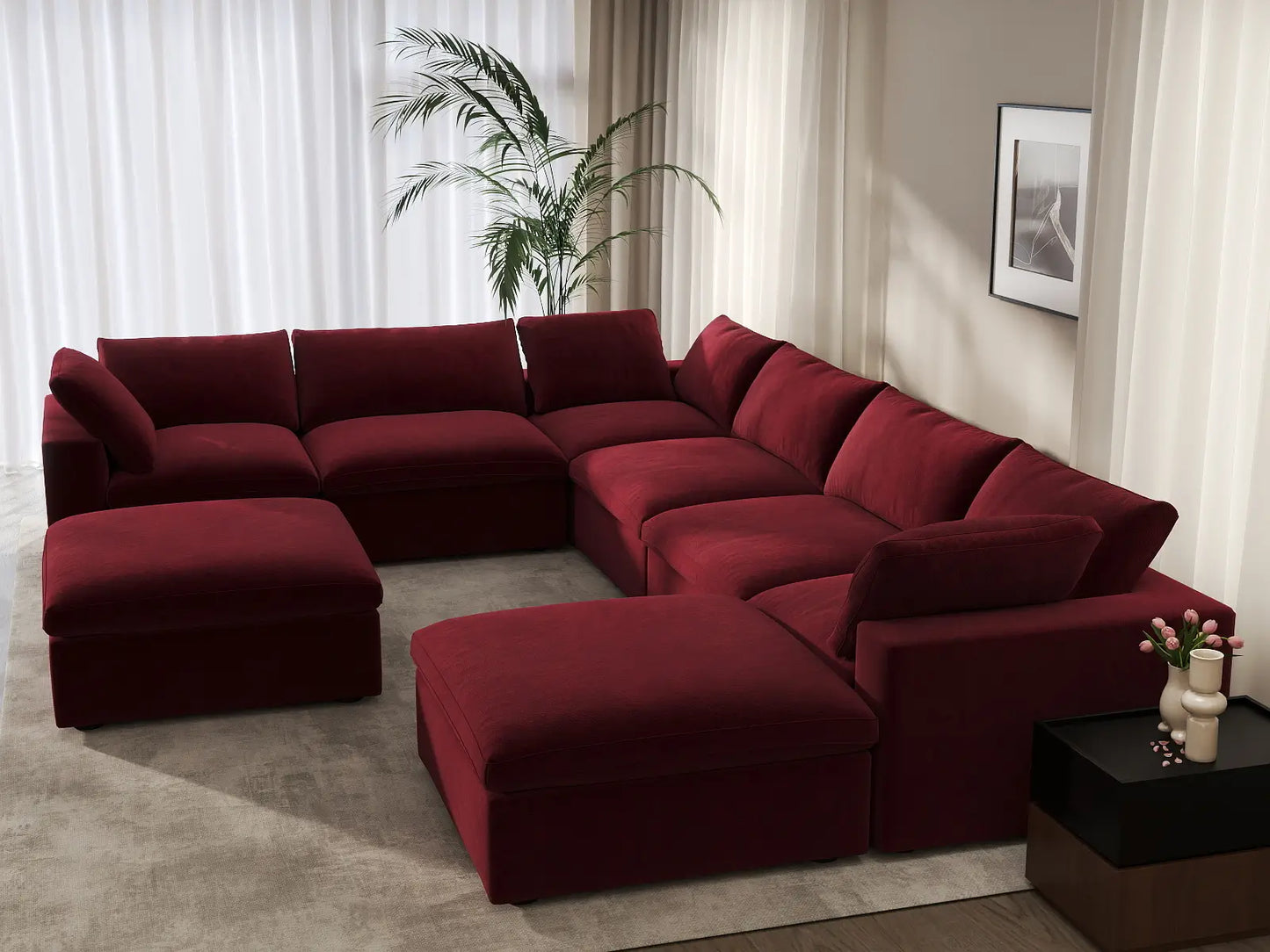 Deluxe Cloud 6-Seater Sofa Set in Claret Velvet | 8-Piece (Includes 2 Ottomans), Living Room, Easy To Clean, Modern Style