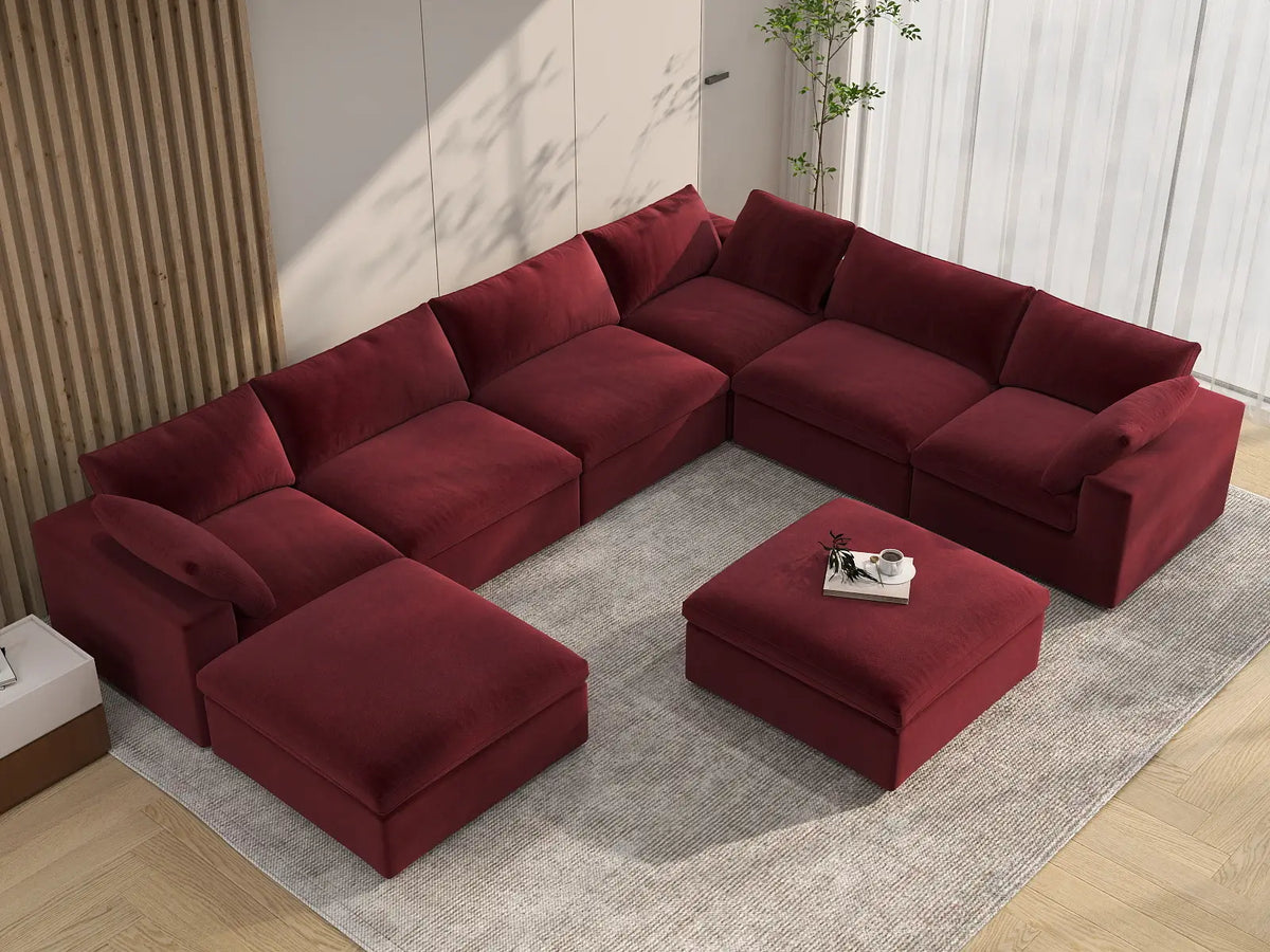 Deluxe Cloud 6-Seater Sofa Set in Claret Velvet | 8-Piece (Includes 2 Ottomans), Living Room, Easy To Clean, Modern Style