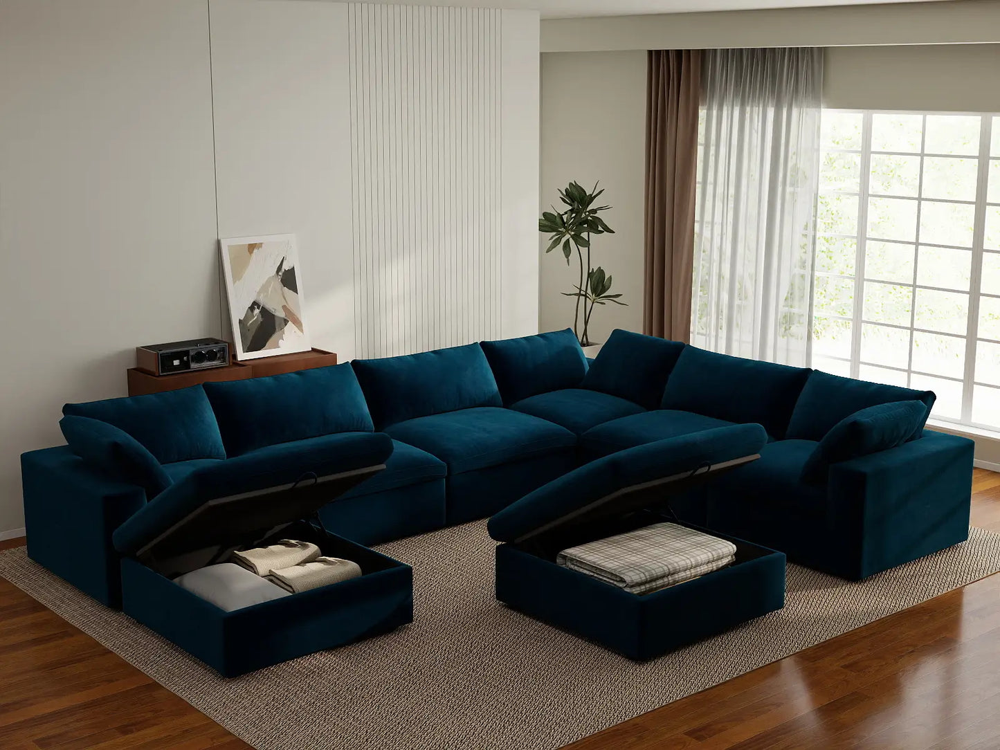 Deluxe Cloud 6-Seater Sofa Set in Dark Blue Velvet | 8-Piece (Includes 2 Ottomans), Living Room, Easy To Clean, Modular Design