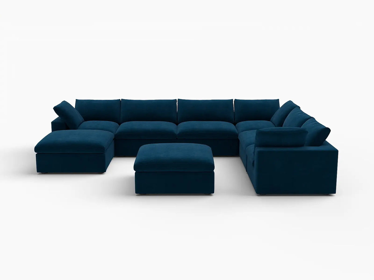 Deluxe Cloud 6-Seater Sofa Set in Dark Blue Velvet | 8-Piece (Includes 2 Ottomans), Living Room, Easy To Clean, Modular Design