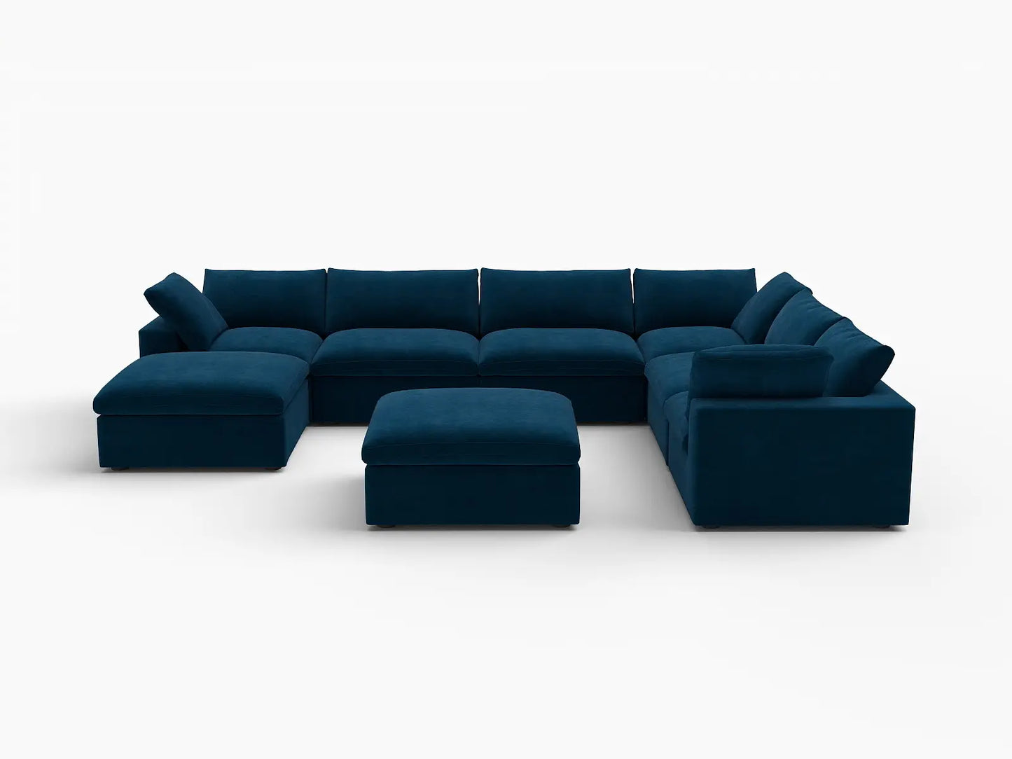 Deluxe Cloud 6-Seater Sofa Set in Dark Blue Velvet | 8-Piece (Includes 2 Ottomans), Living Room, Easy To Clean, Modular Design
