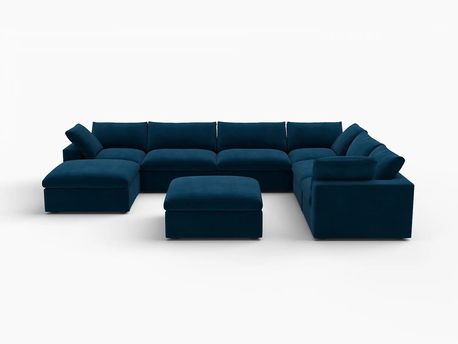 Deluxe Cloud 6-Seater Sofa Set in Dark Blue Velvet | 8-Piece (Includes 2 Ottomans), Living Room, Easy To Clean, Modular Design