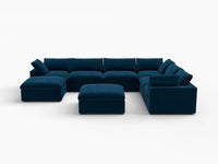 Deluxe Cloud 6-Seater Sofa Set in Dark Blue Velvet | 8-Piece (Includes 2 Ottomans), Living Room, Easy To Clean, Modular Design