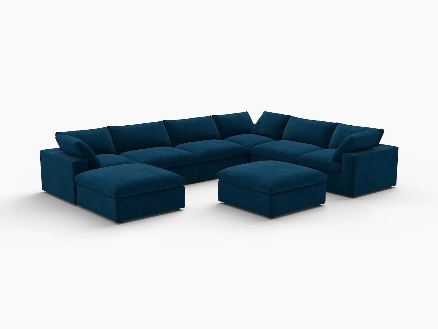 Deluxe Cloud 6-Seater Sofa Set in Dark Blue Velvet | 8-Piece (Includes 2 Ottomans), Living Room, Easy To Clean, Modular Design