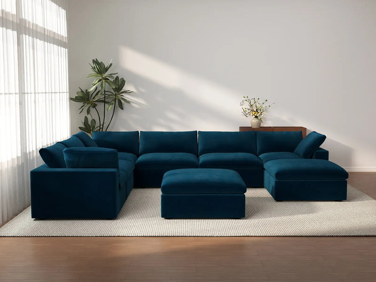 Deluxe Cloud 6-Seater Sofa Set in Dark Blue Velvet | 8-Piece (Includes 2 Ottomans), Living Room, Easy To Clean, Modular Design