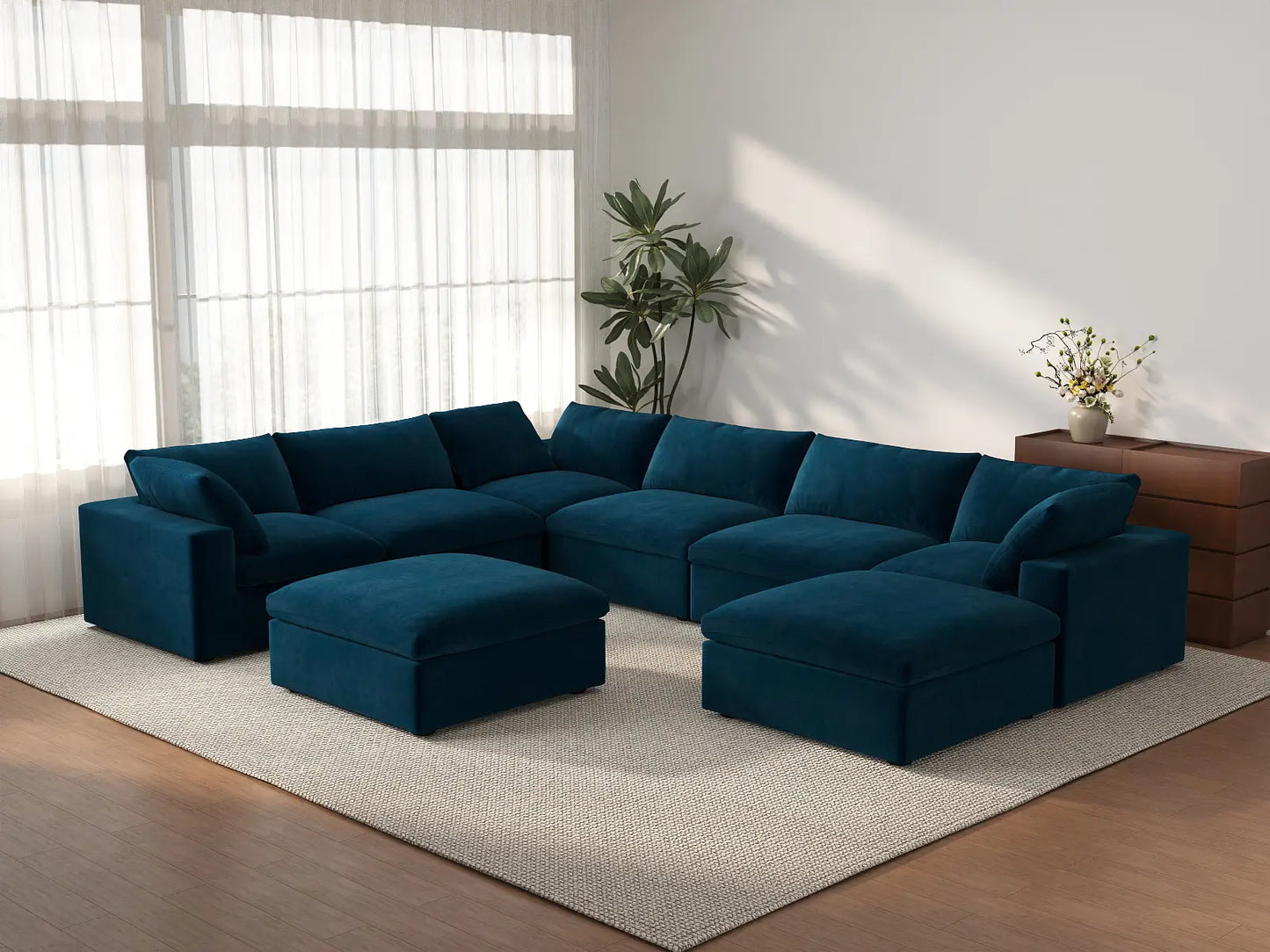 Deluxe Cloud 6-Seater Sofa Set in Dark Blue Velvet | 8-Piece (Includes 2 Ottomans), Living Room, Easy To Clean, Modular Design