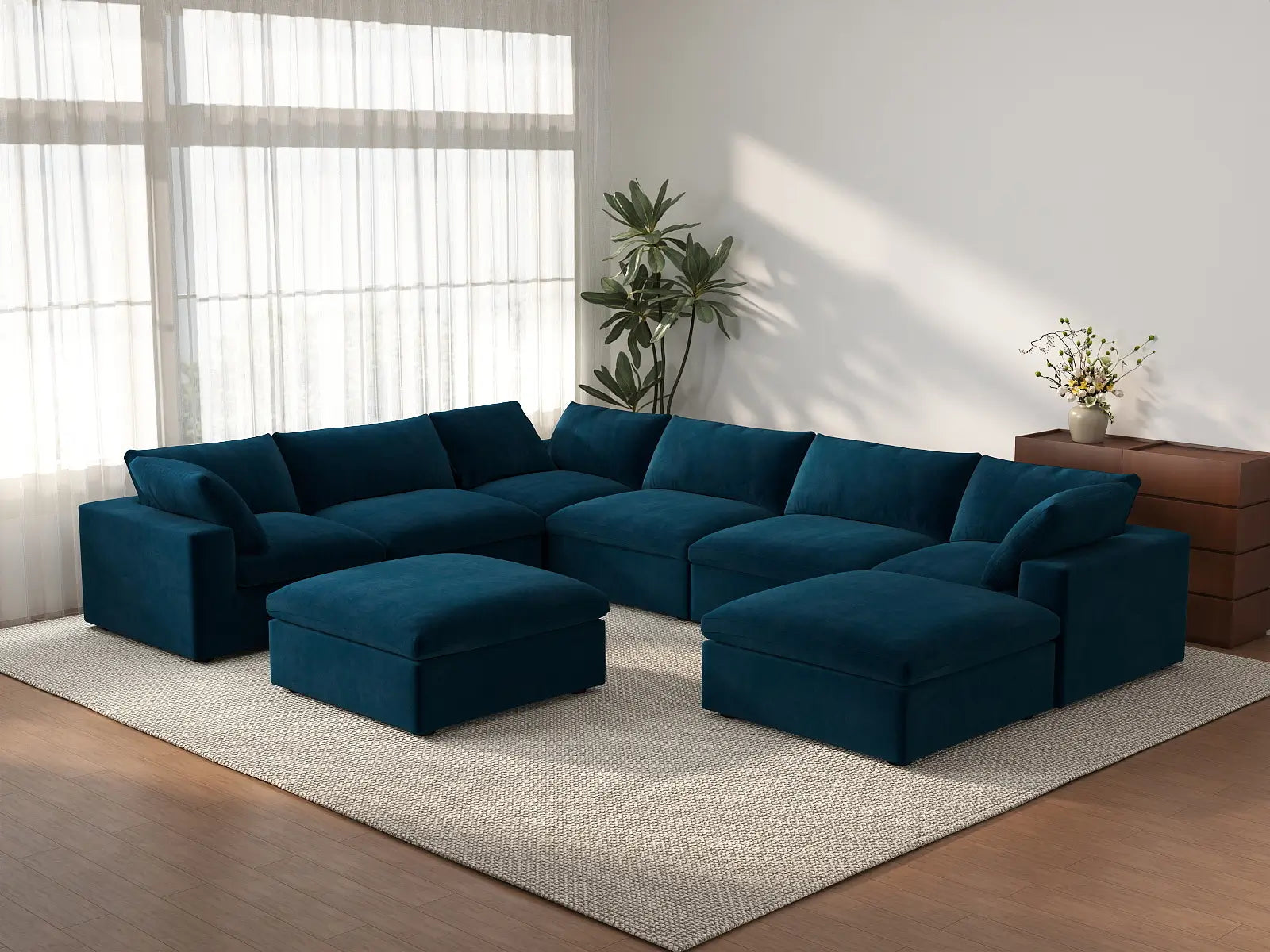 Deluxe Cloud 6-Seater Sofa Set in Dark Blue Velvet | 8-Piece (Includes 2 Ottomans), Living Room, Easy To Clean, Modular Design