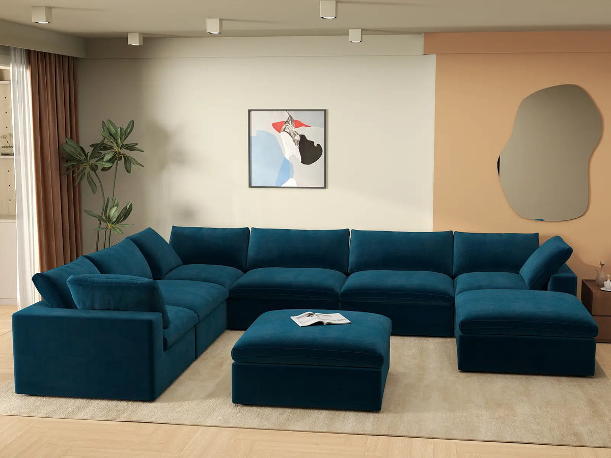 Deluxe Cloud 6-Seater Sofa Set in Dark Blue Velvet | 8-Piece (Includes 2 Ottomans), Living Room, Easy To Clean, Modular Design