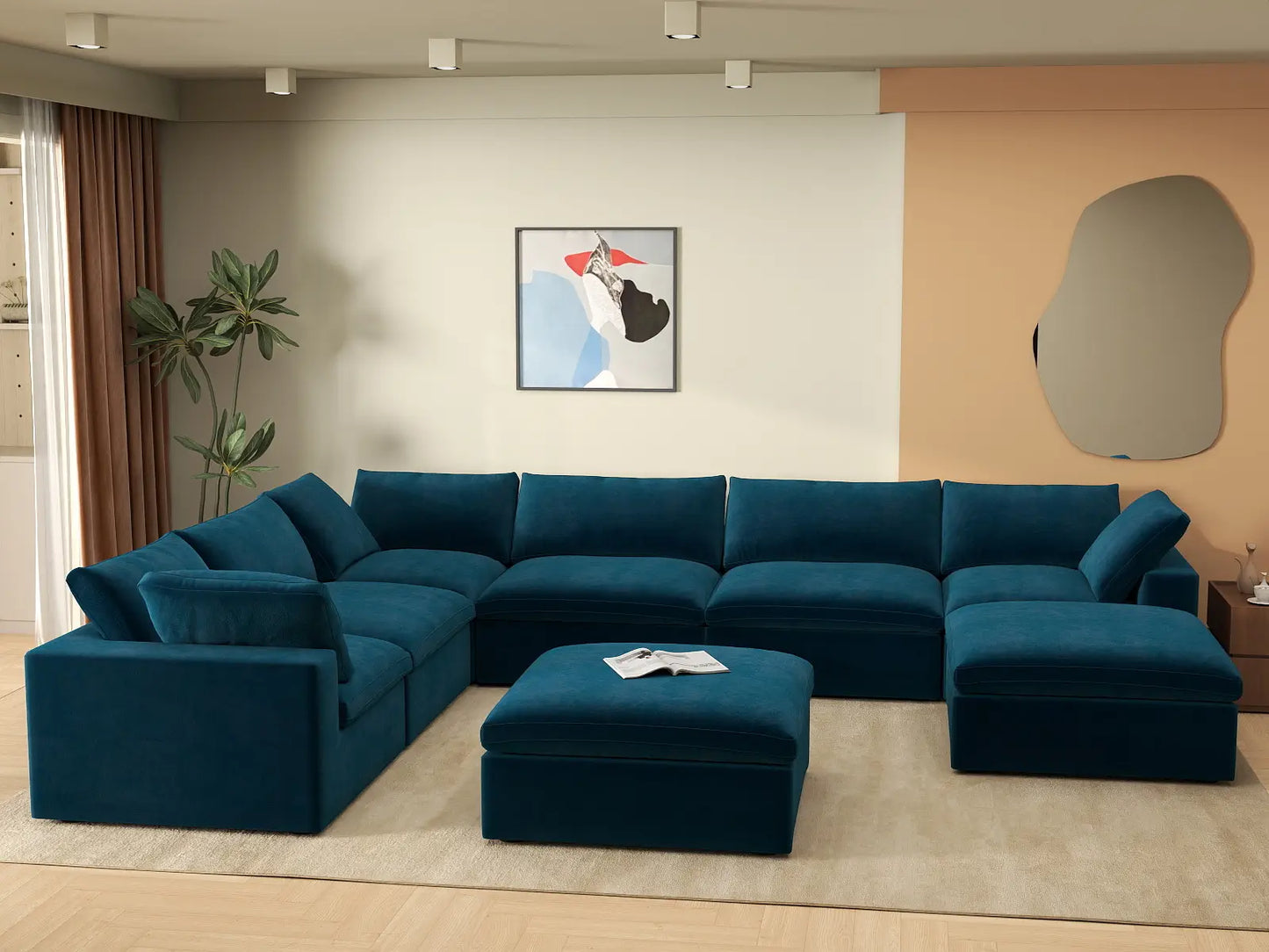 Deluxe Cloud 6-Seater Sofa Set in Dark Blue Velvet | 8-Piece (Includes 2 Ottomans), Living Room, Easy To Clean, Modular Design