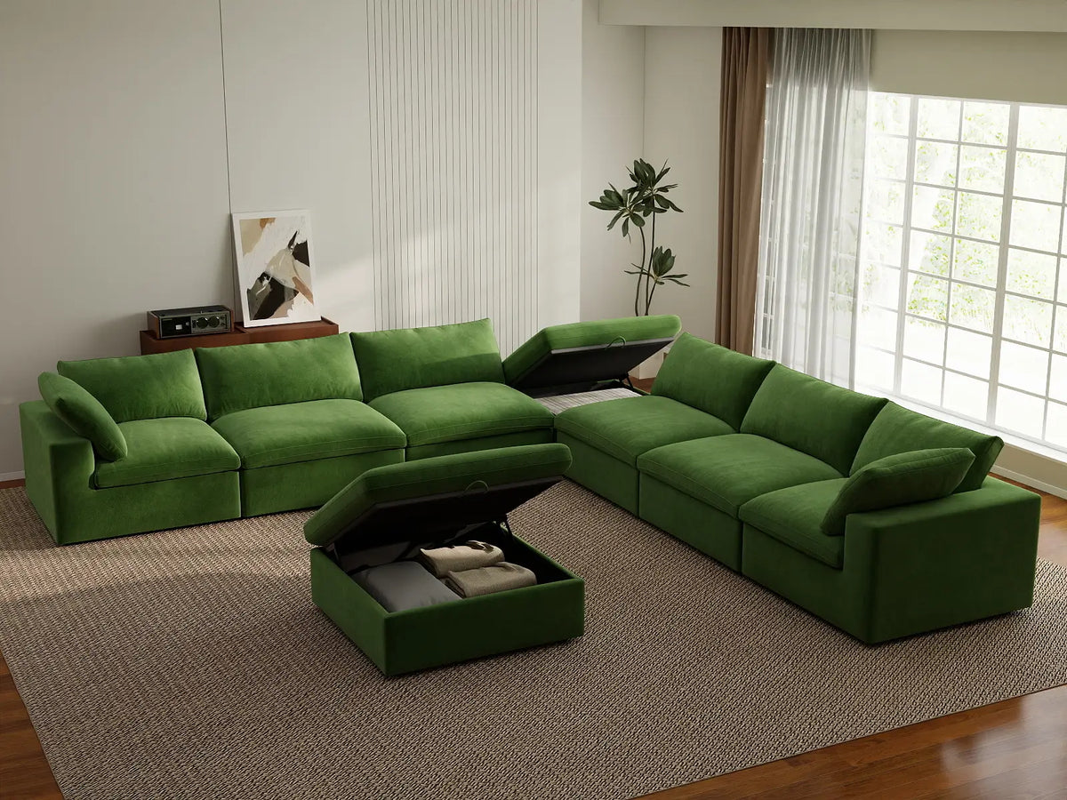 Deluxe Cloud 6-Seater Sofa Set in Earth Green Velvet | 8-Piece (Includes 2 Ottomans), Living Room, Easy To Clean, Contemporary Style