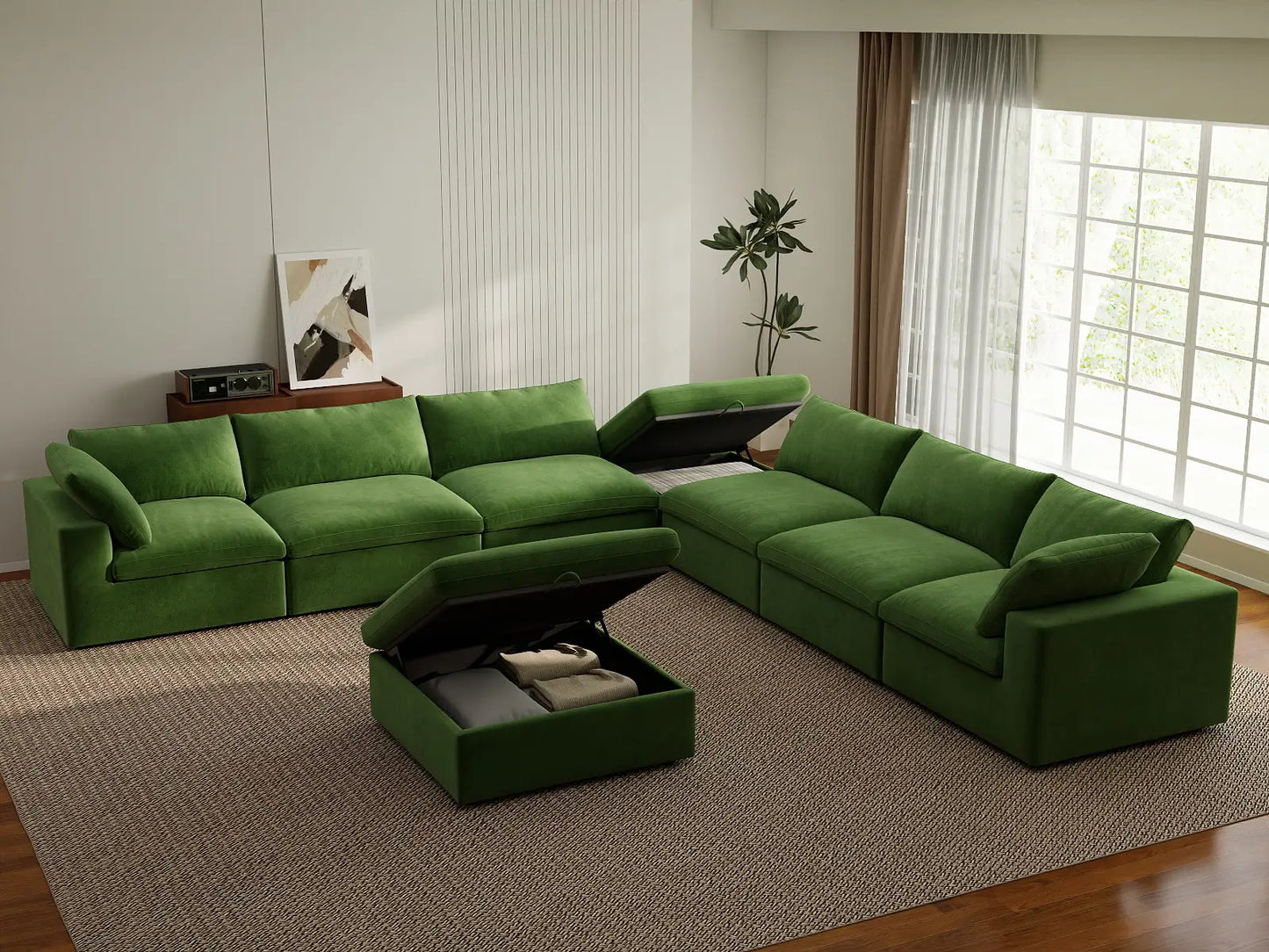 Deluxe Cloud 6-Seater Sofa Set in Earth Green Velvet | 8-Piece (Includes 2 Ottomans), Living Room, Easy To Clean, Contemporary Style
