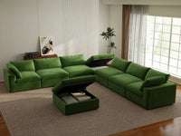 Deluxe Cloud 6-Seater Sofa Set in Earth Green Velvet | 8-Piece (Includes 2 Ottomans), Living Room, Easy To Clean, Contemporary Style