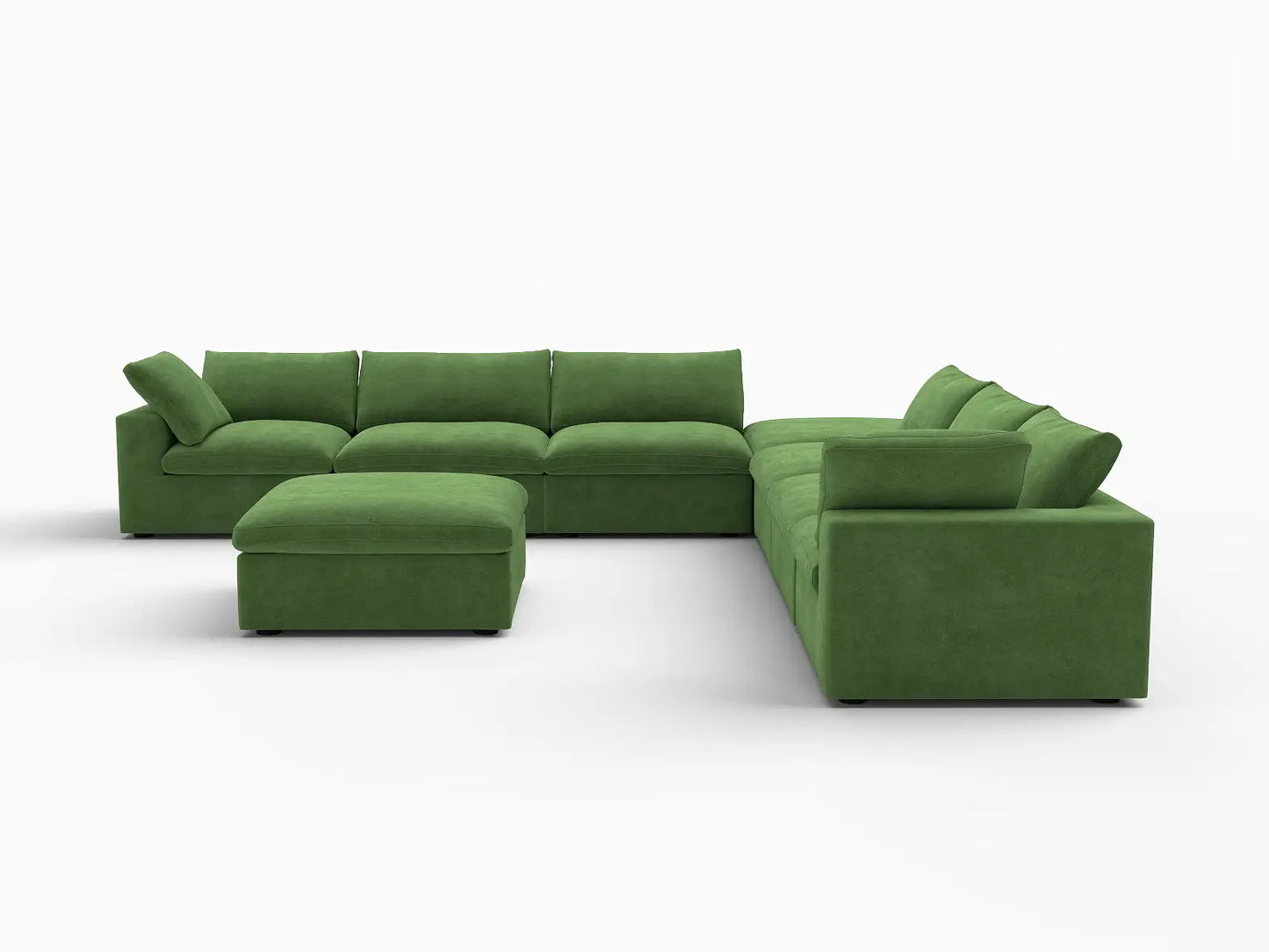 Deluxe Cloud 6-Seater Sofa Set in Earth Green Velvet | 8-Piece (Includes 2 Ottomans), Living Room, Easy To Clean, Contemporary Style