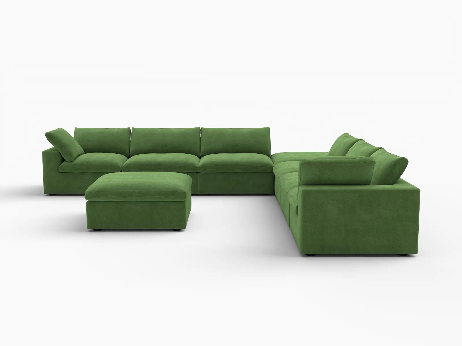 Deluxe Cloud 6-Seater Sofa Set in Earth Green Velvet | 8-Piece (Includes 2 Ottomans), Living Room, Easy To Clean, Contemporary Style