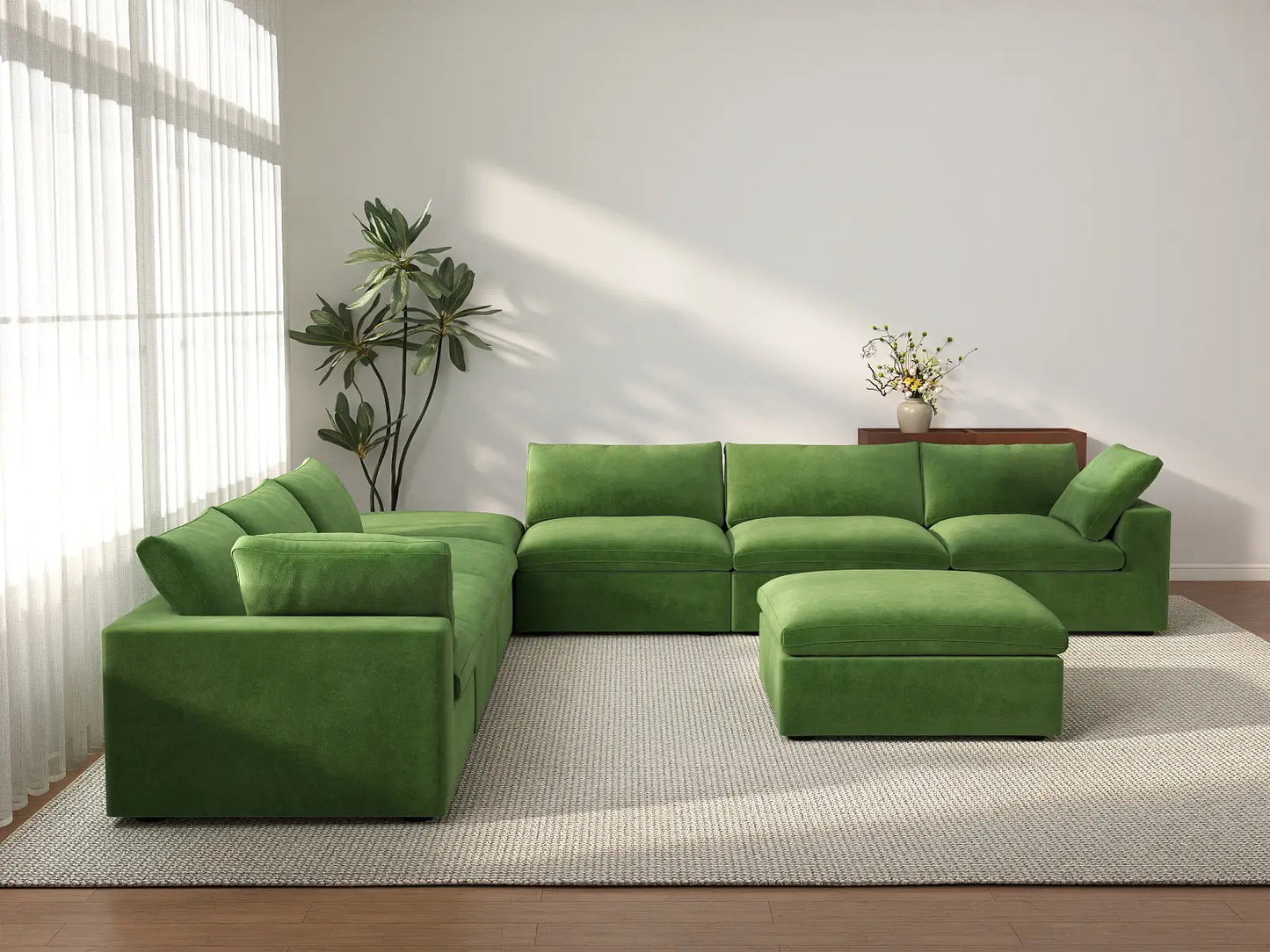 Deluxe Cloud 6-Seater Sofa Set in Earth Green Velvet | 8-Piece (Includes 2 Ottomans), Living Room, Easy To Clean, Contemporary Style