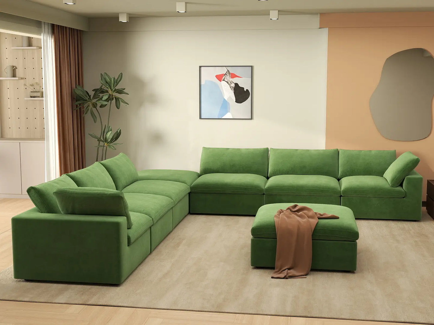 Deluxe Cloud 6-Seater Sofa Set in Earth Green Velvet | 8-Piece (Includes 2 Ottomans), Living Room, Easy To Clean, Contemporary Style