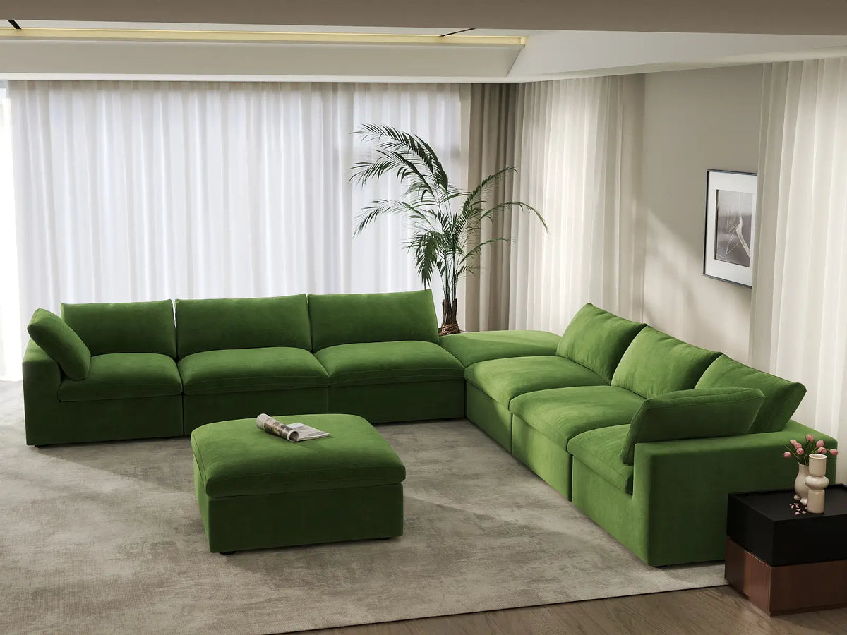 Deluxe Cloud 6-Seater Sofa Set in Earth Green Velvet | 8-Piece (Includes 2 Ottomans), Living Room, Easy To Clean, Contemporary Style