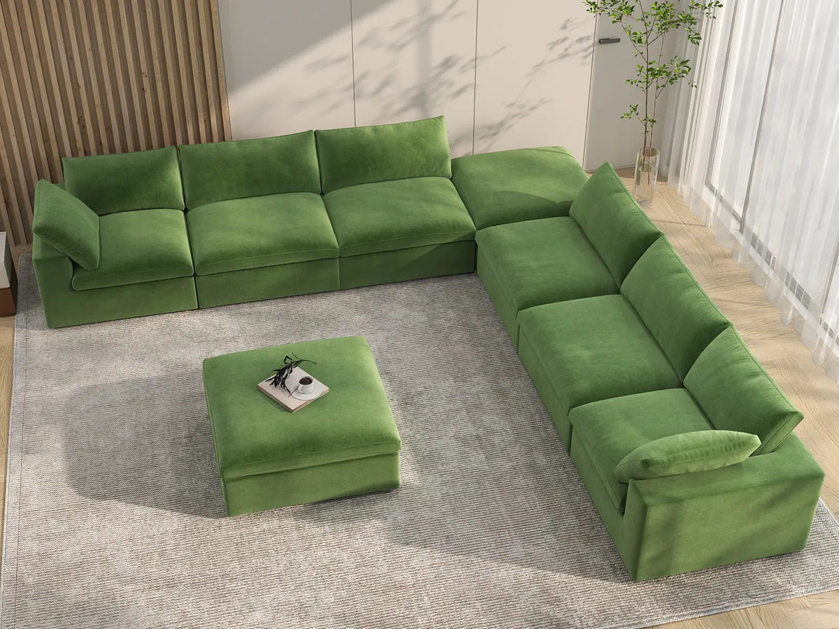 Deluxe Cloud 6-Seater Sofa Set in Earth Green Velvet | 8-Piece (Includes 2 Ottomans), Living Room, Easy To Clean, Contemporary Style