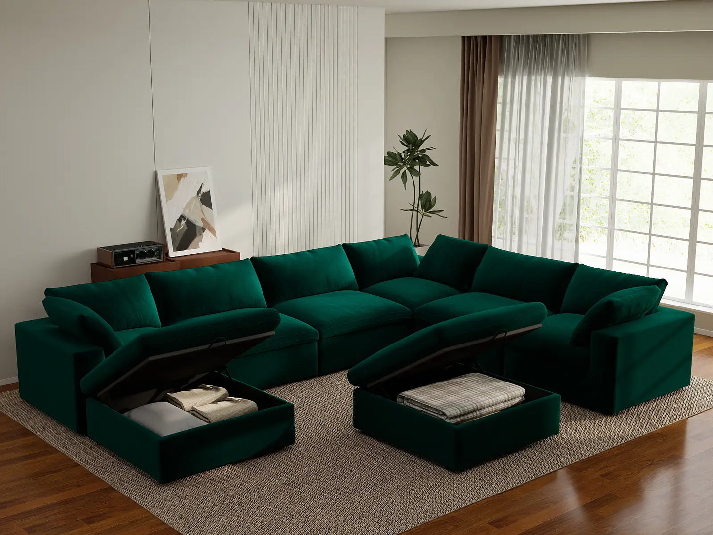 Deluxe Cloud 6-Seater Sofa Set in Gem Green Velvet | 8-Piece (Includes 2 Ottomans), Living Room, Easy To Clean, Stylish Design