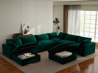 Deluxe Cloud 6-Seater Sofa Set in Gem Green Velvet | 8-Piece (Includes 2 Ottomans), Living Room, Easy To Clean, Stylish Design