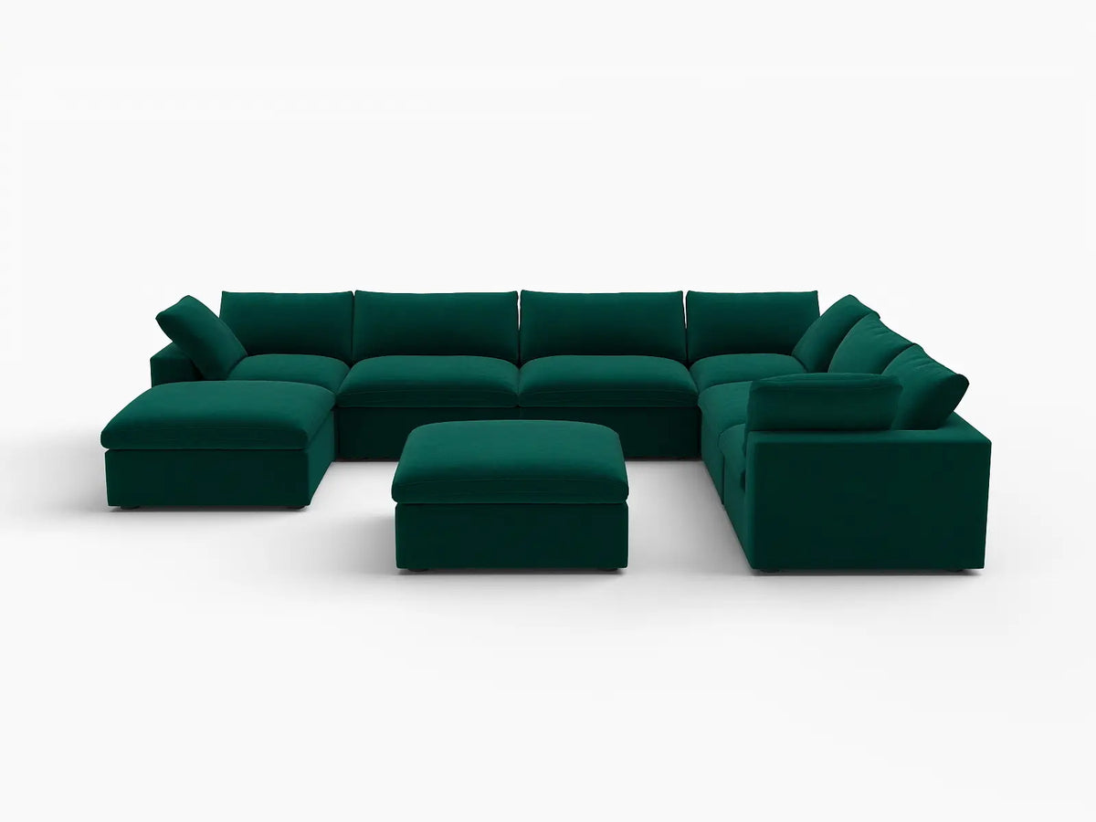 Deluxe Cloud 6-Seater Sofa Set in Gem Green Velvet | 8-Piece (Includes 2 Ottomans), Living Room, Easy To Clean, Stylish Design