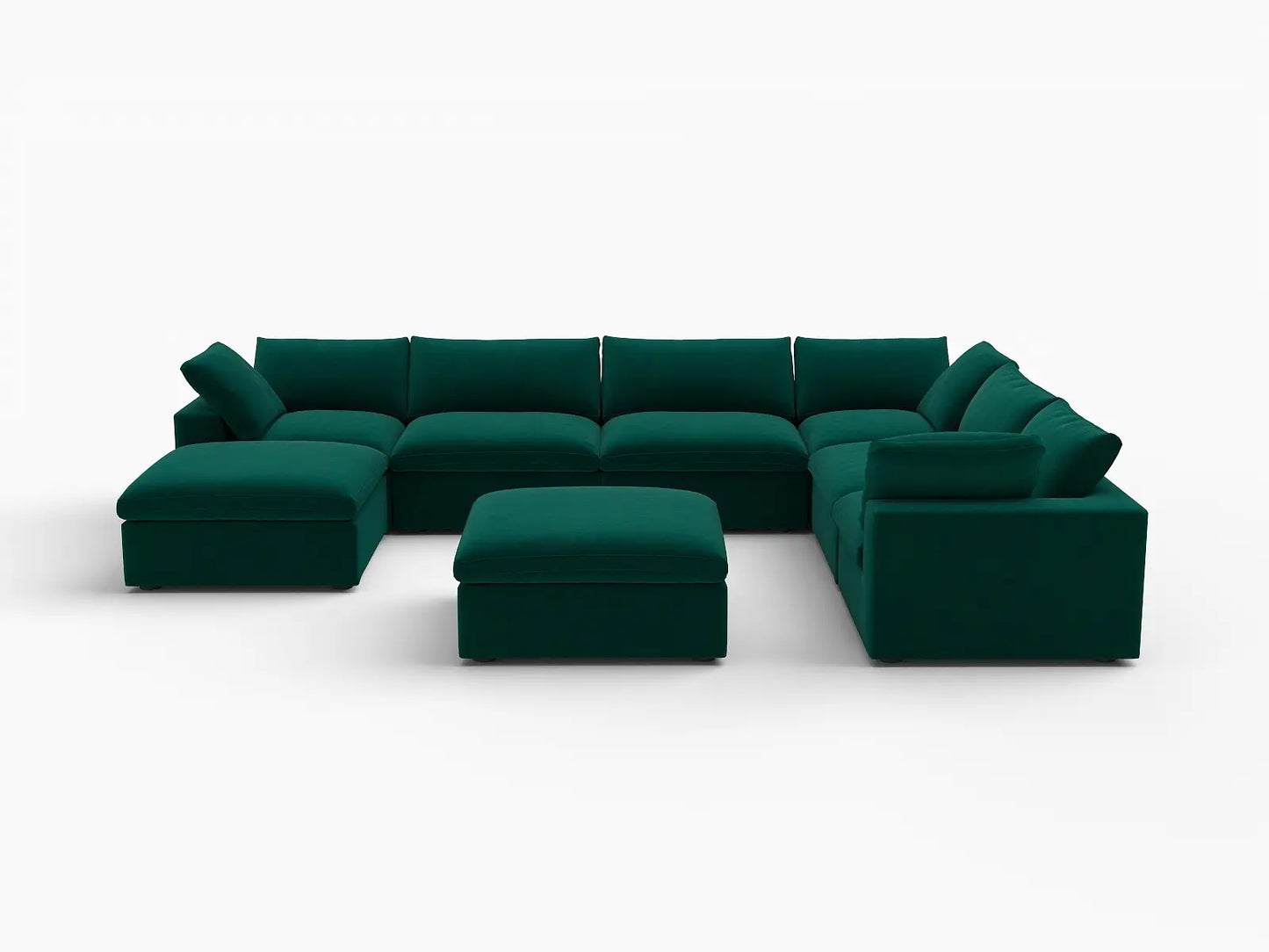 Deluxe Cloud 6-Seater Sofa Set in Gem Green Velvet | 8-Piece (Includes 2 Ottomans), Living Room, Easy To Clean, Stylish Design