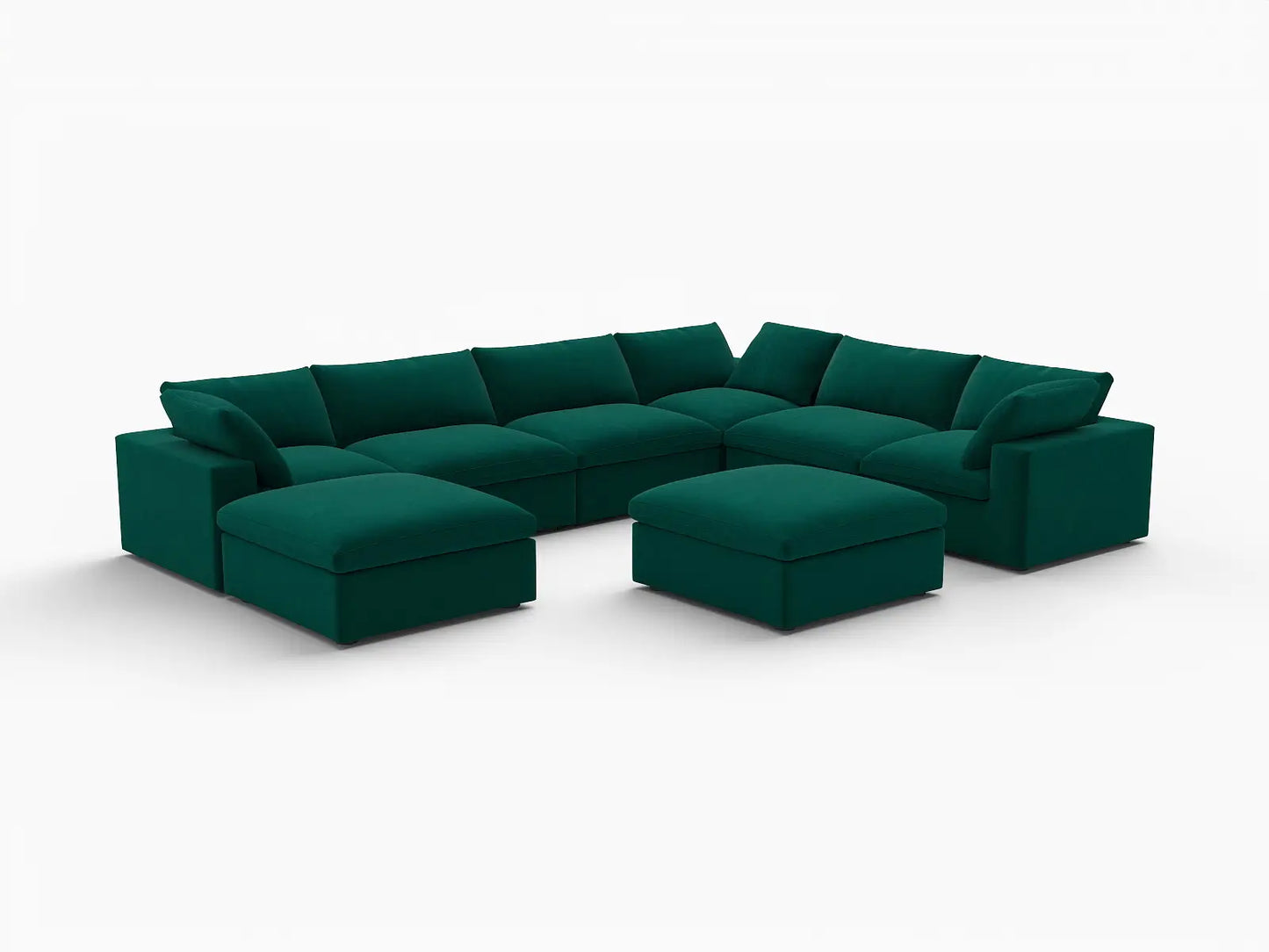 Deluxe Cloud 6-Seater Sofa Set in Gem Green Velvet | 8-Piece (Includes 2 Ottomans), Living Room, Easy To Clean, Stylish Design