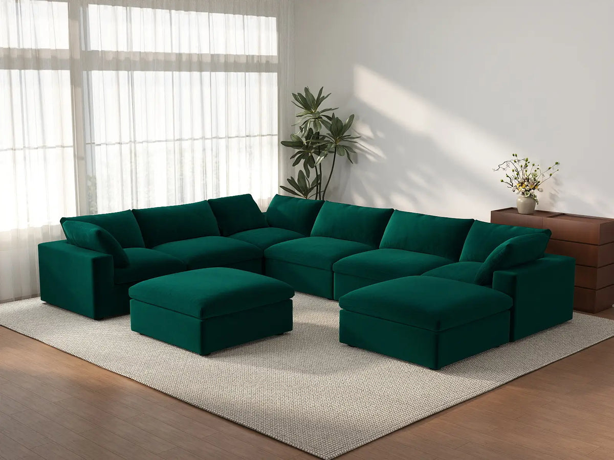 Deluxe Cloud 6-Seater Sofa Set in Gem Green Velvet | 8-Piece (Includes 2 Ottomans), Living Room, Easy To Clean, Stylish Design
