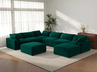 Deluxe Cloud 6-Seater Sofa Set in Gem Green Velvet | 8-Piece (Includes 2 Ottomans), Living Room, Easy To Clean, Stylish Design