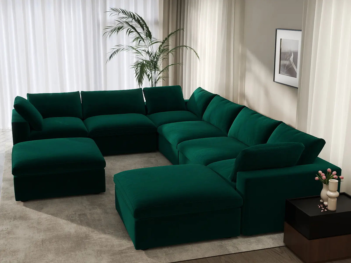 Deluxe Cloud 6-Seater Sofa Set in Gem Green Velvet | 8-Piece (Includes 2 Ottomans), Living Room, Easy To Clean, Stylish Design