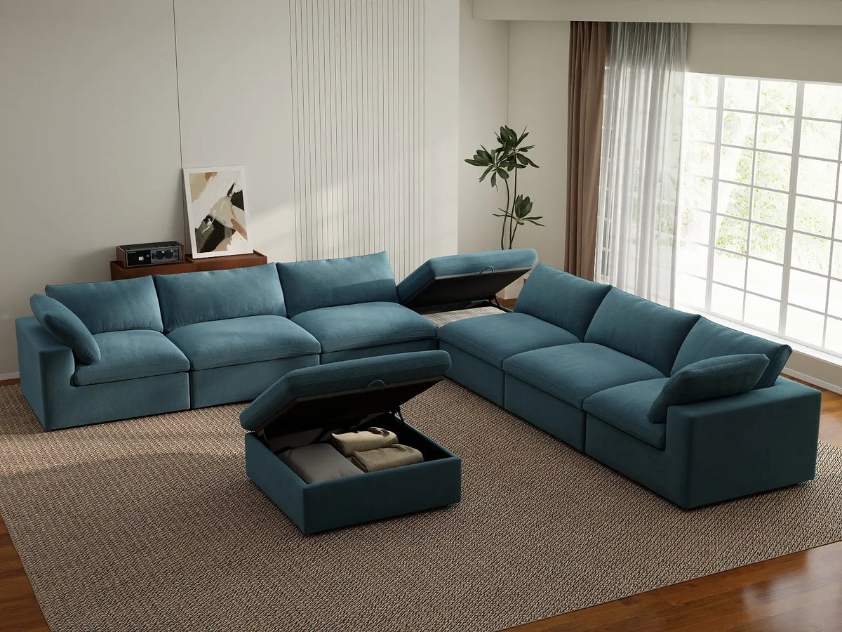 Deluxe Cloud 6-Seater Sofa Set in Light Blue Velvet | 8-Piece (Includes 2 Ottomans), Living Room, Easy To Clean, Modular Design