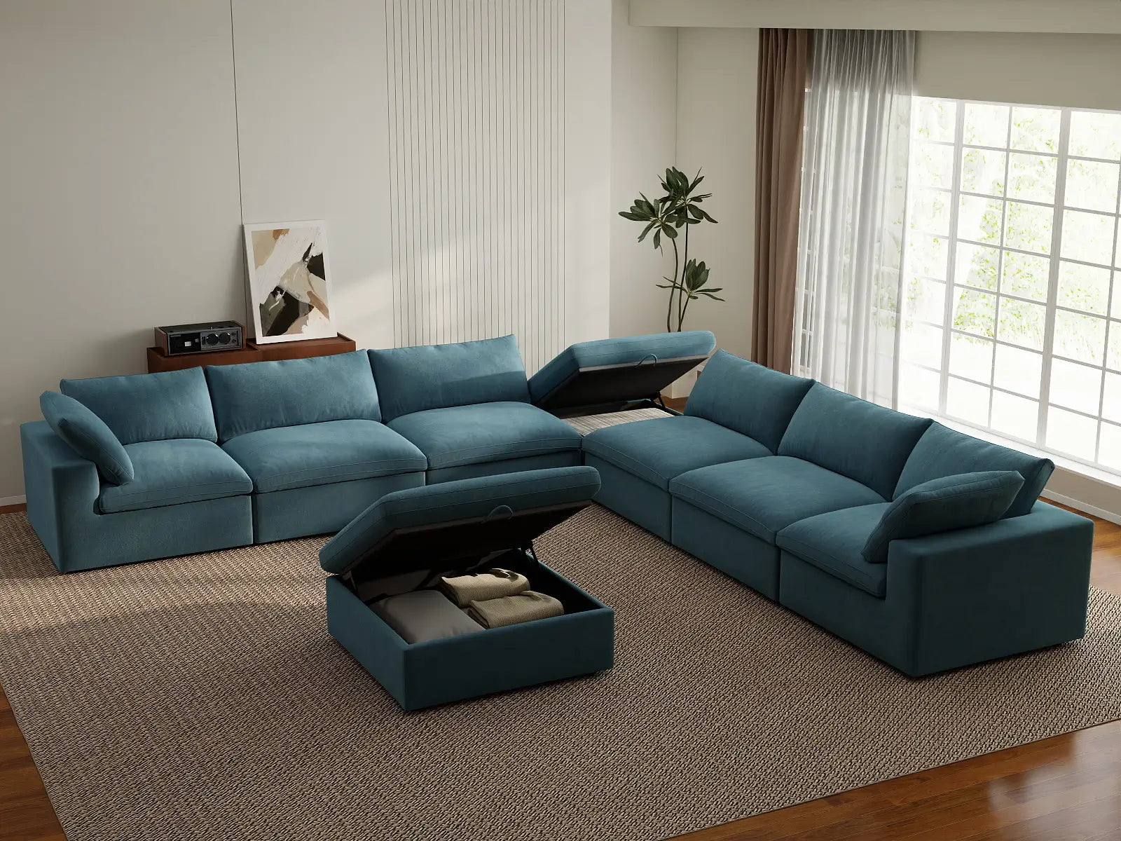 Deluxe Cloud 6-Seater Sofa Set in Light Blue Velvet | 8-Piece (Includes 2 Ottomans), Living Room, Easy To Clean, Modular Design