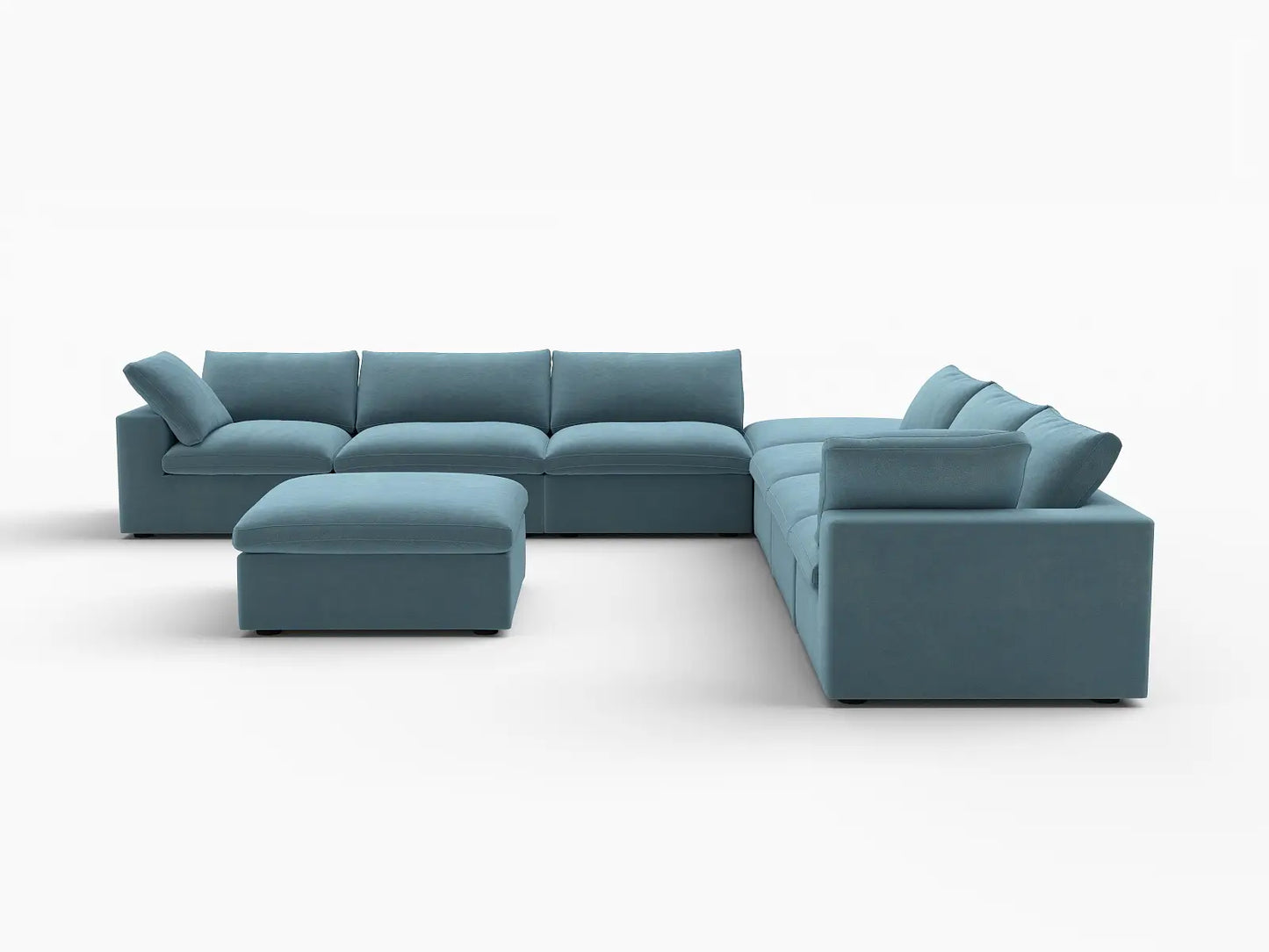 Deluxe Cloud 6-Seater Sofa Set in Light Blue Velvet | 8-Piece (Includes 2 Ottomans), Living Room, Easy To Clean, Modular Design