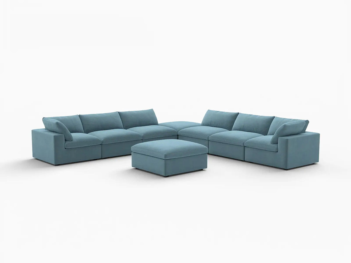 Deluxe Cloud 6-Seater Sofa Set in Light Blue Velvet | 8-Piece (Includes 2 Ottomans), Living Room, Easy To Clean, Modular Design