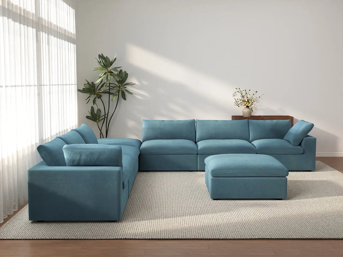 Deluxe Cloud 6-Seater Sofa Set in Light Blue Velvet | 8-Piece (Includes 2 Ottomans), Living Room, Easy To Clean, Modular Design