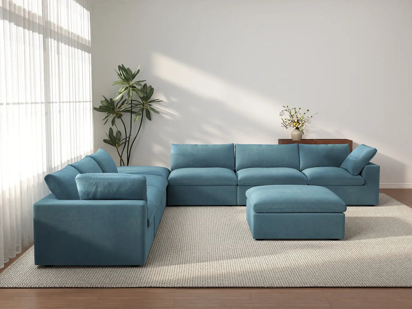 Deluxe Cloud 6-Seater Sofa Set in Light Blue Velvet | 8-Piece (Includes 2 Ottomans), Living Room, Easy To Clean, Modular Design