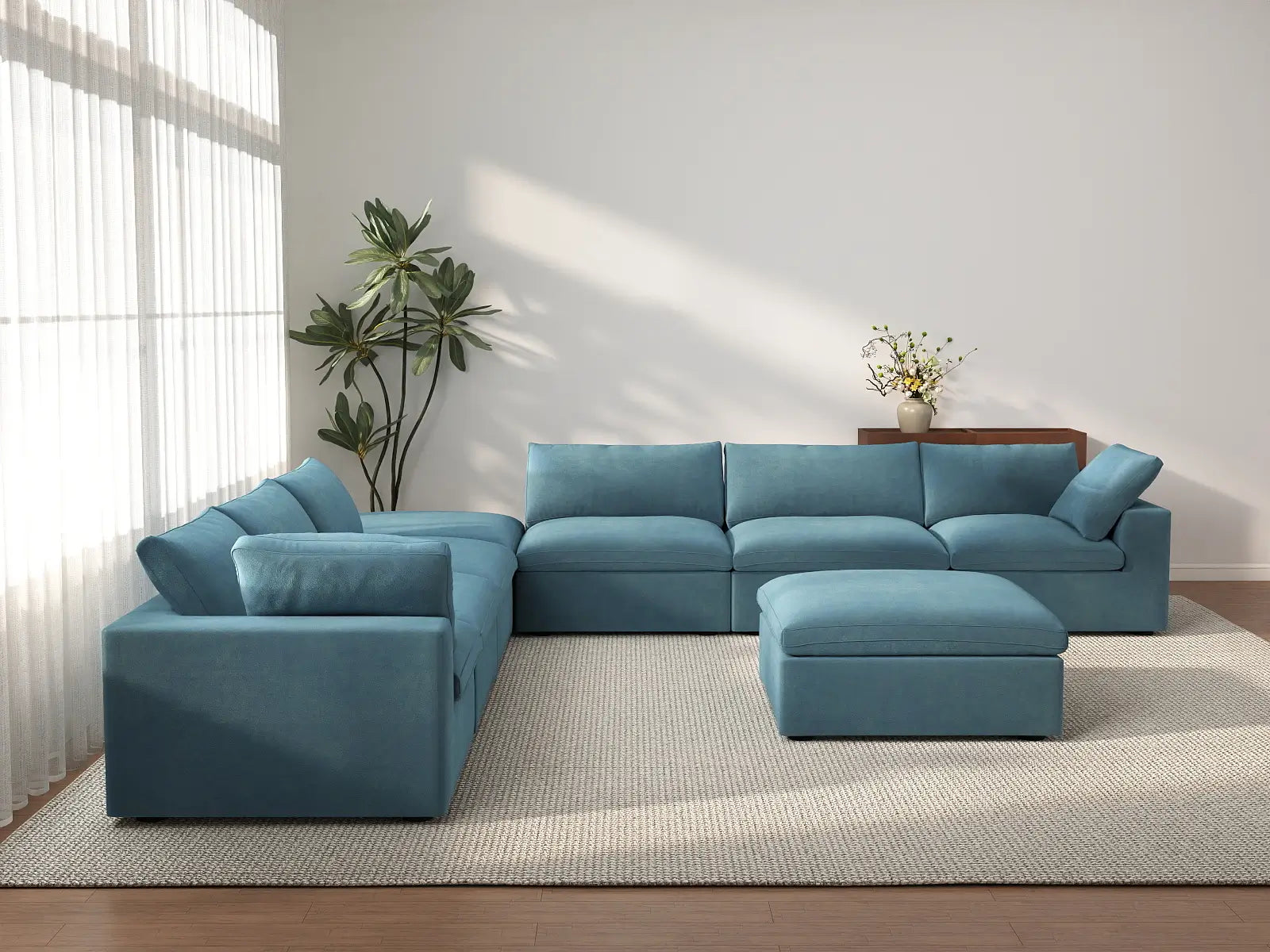 Deluxe Cloud 6-Seater Sofa Set in Light Blue Velvet | 8-Piece (Includes 2 Ottomans), Living Room, Easy To Clean, Modular Design