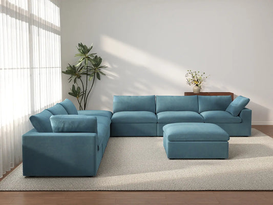 Deluxe Cloud 6-Seater Sofa Set in Light Blue Velvet | 8-Piece (Includes 2 Ottomans), Living Room, Easy To Clean, Modular Design