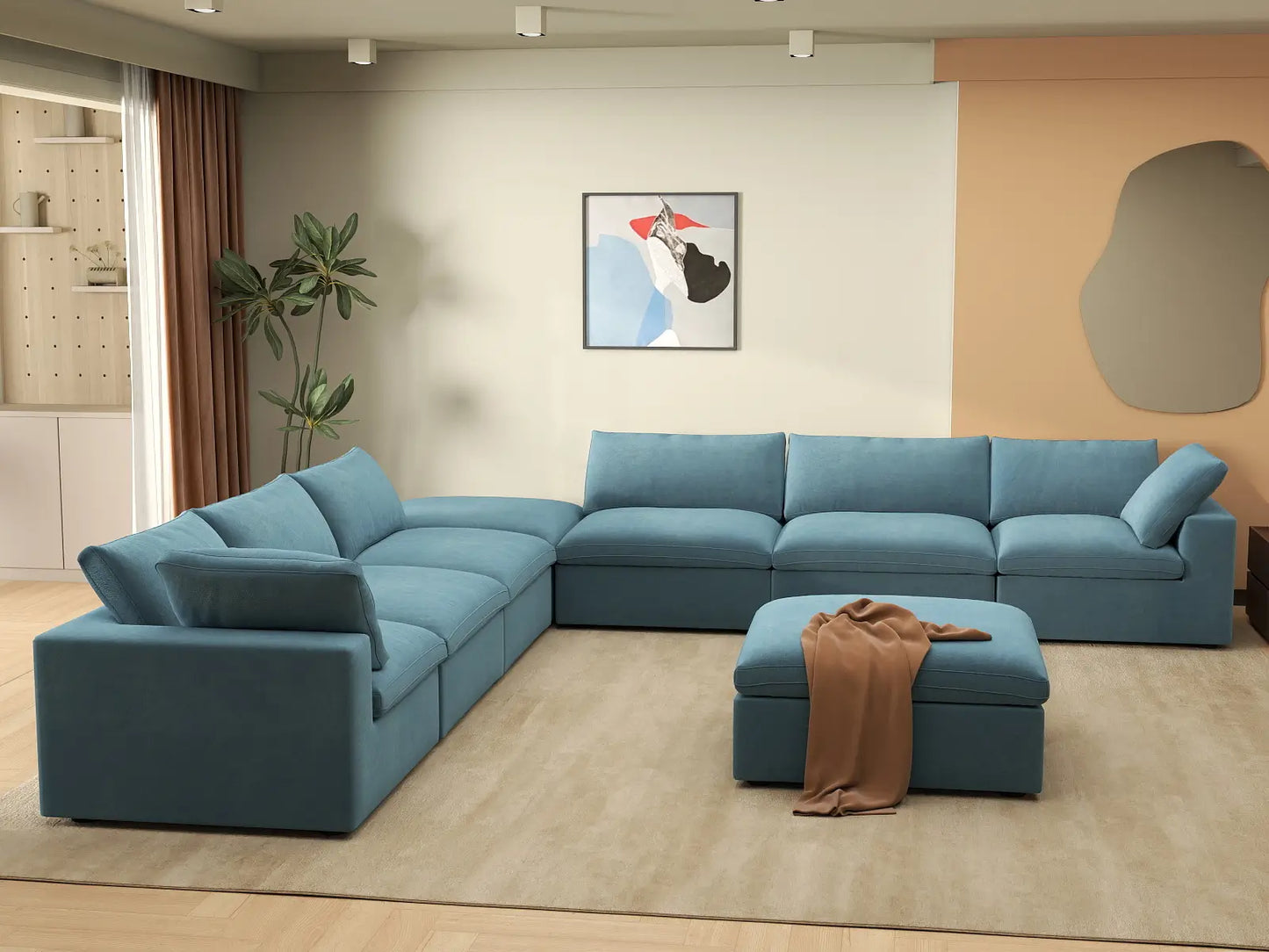 Deluxe Cloud 6-Seater Sofa Set in Light Blue Velvet | 8-Piece (Includes 2 Ottomans), Living Room, Easy To Clean, Modular Design