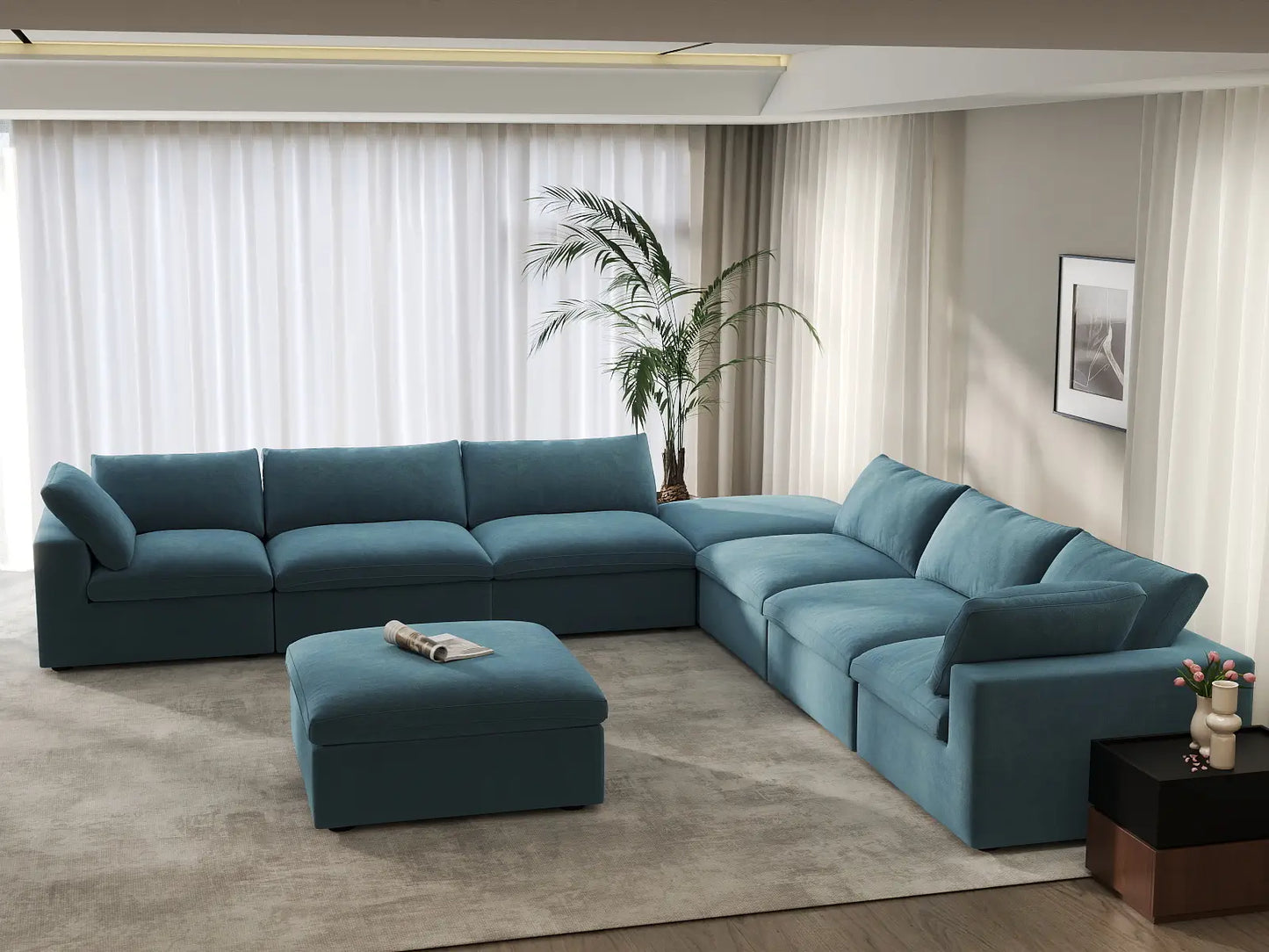 Deluxe Cloud 6-Seater Sofa Set in Light Blue Velvet | 8-Piece (Includes 2 Ottomans), Living Room, Easy To Clean, Modular Design