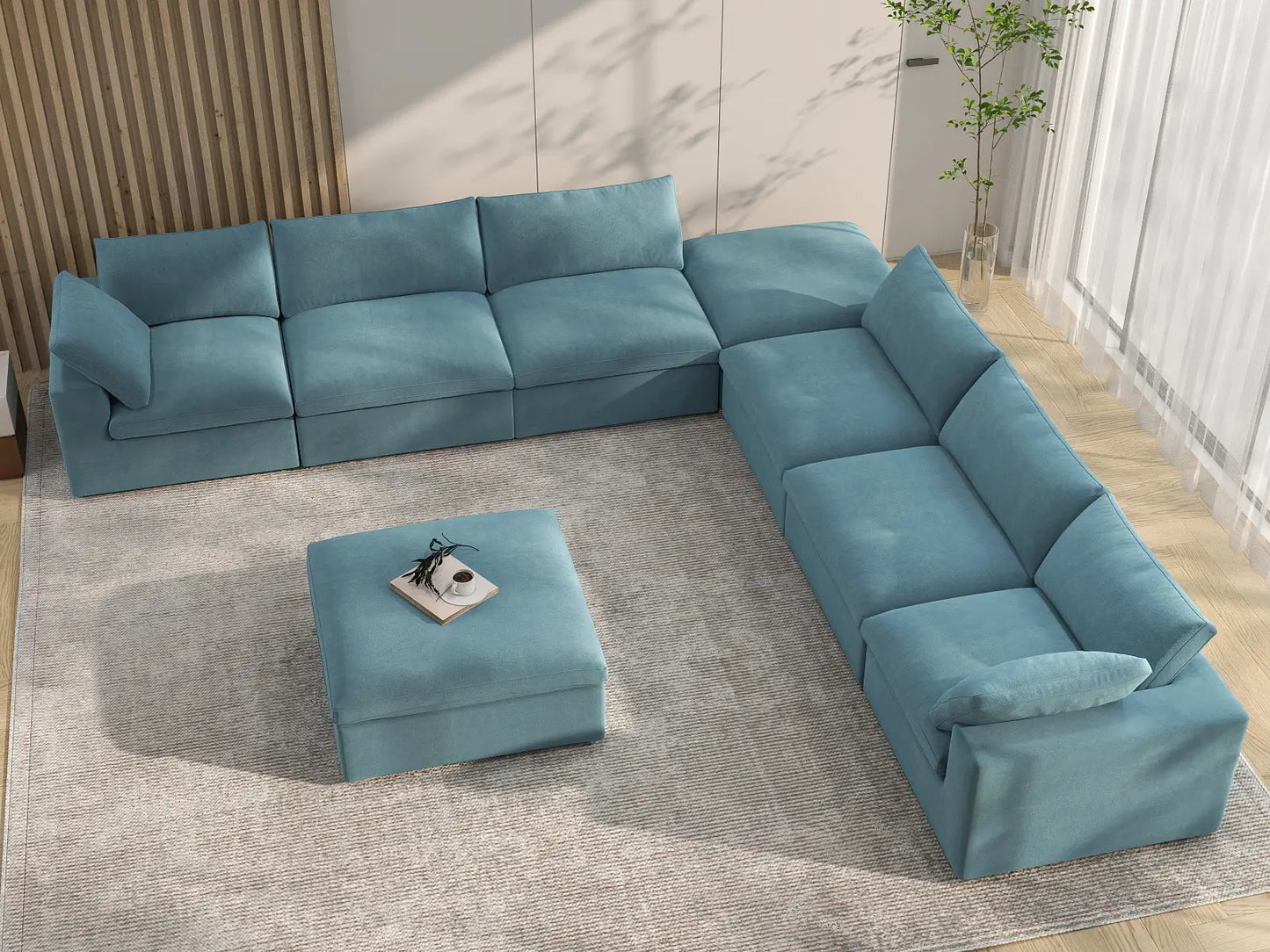Deluxe Cloud 6-Seater Sofa Set in Light Blue Velvet | 8-Piece (Includes 2 Ottomans), Living Room, Easy To Clean, Modular Design