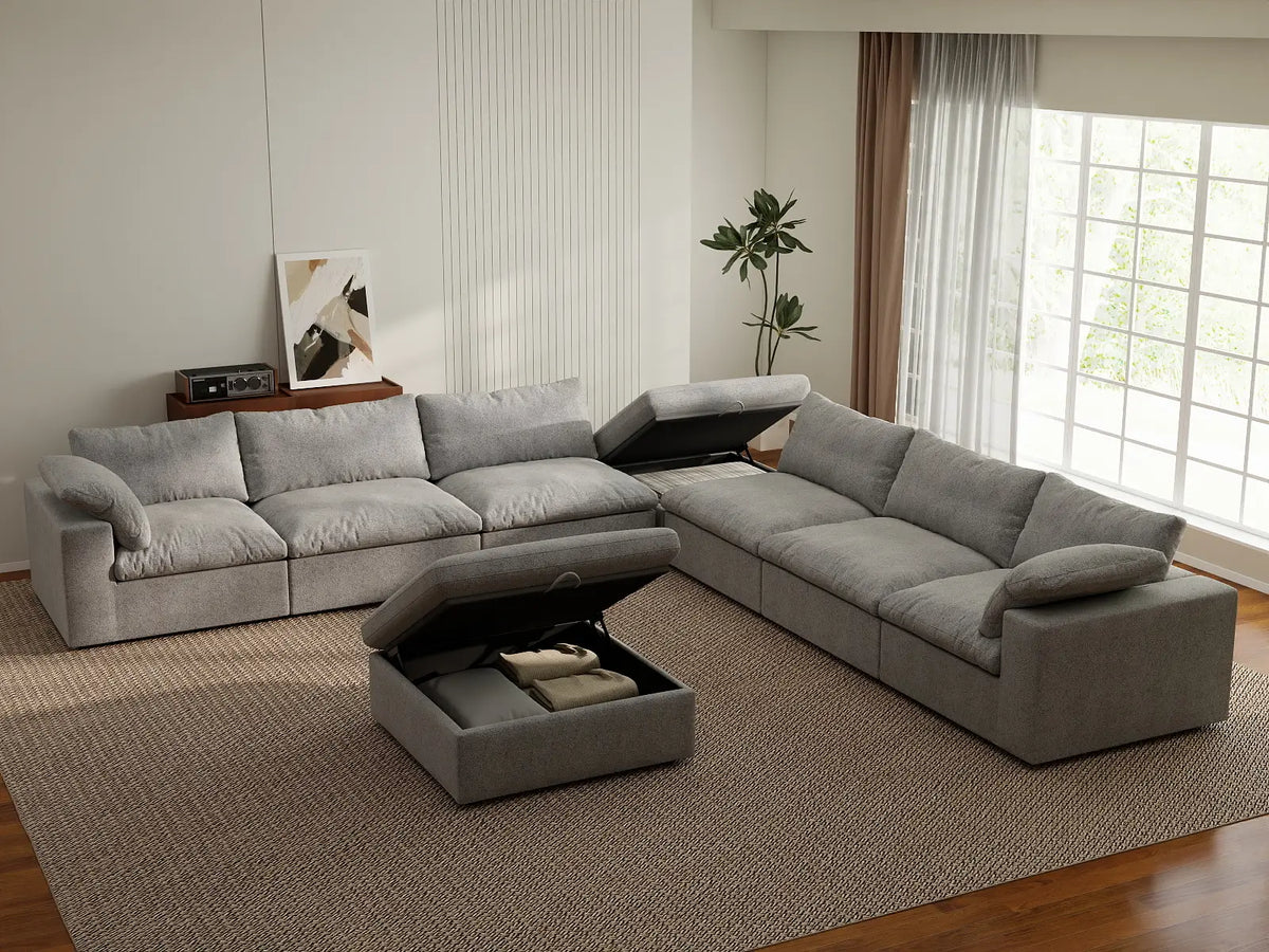 Deluxe Premium Cloud Sectional Sofa Covers | Light Grey Cotton and Linen Sofa Cover for 6-Seater with 2-Ottomans