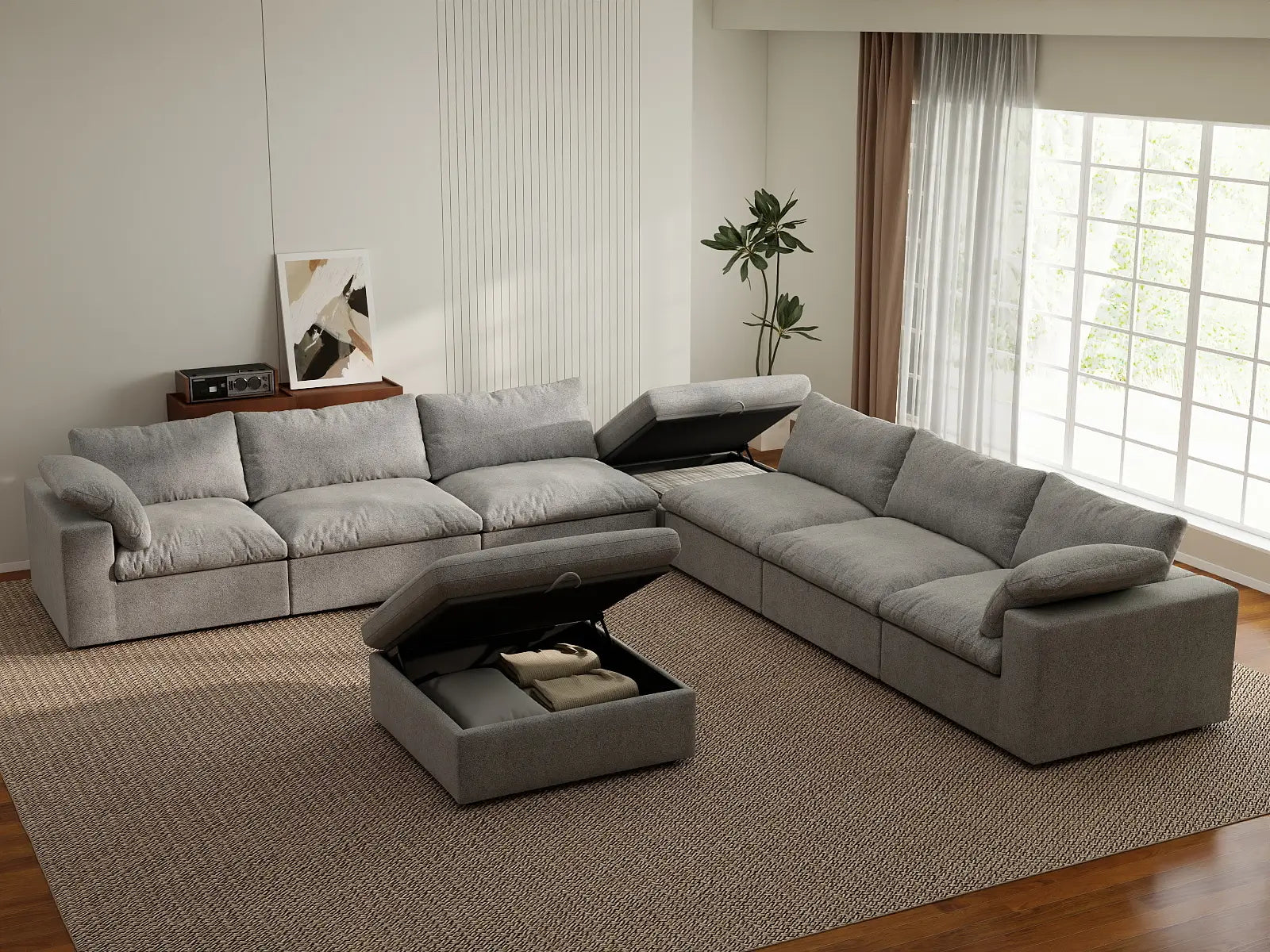 Deluxe Cloud 6-Seater Sofa Set in Light-Grey Cotton And Linen | 8-Piece (Includes 2 Ottomans), Living Room, Easy To Clean, Modern Style